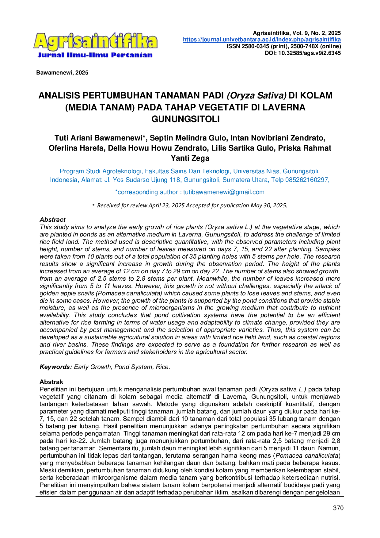 JURIS ANALYSIS OF RICE PLANT GROWTH Oryza Sativa IN POND PLANTING MEDIA AT VEGETATIVE STAGE IN LAVERNA GUNUNGSITOLI