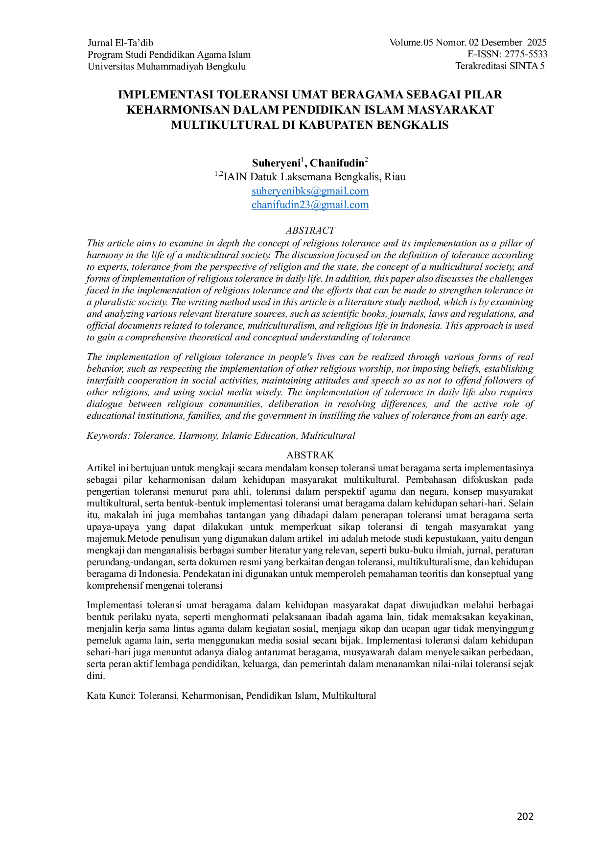 JURIS Implementasi Toleransi Umat Beragama Sebagai Pilar Keharmonisan Dalam Pendidikan Islam Masyarakat Multikultural Di Kabupaten Bengkalis