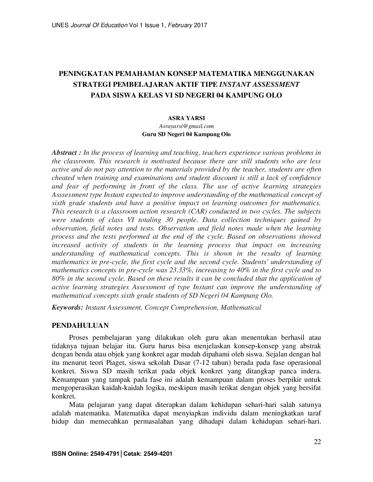 JURIS Peningkatan Pemahaman Konsep Matematika Menggunakan Strategi Pembelajaran Aktif Tipe Instant Assessment pada Siswa Kelas VI SD Negeri 04 Kampung Olo