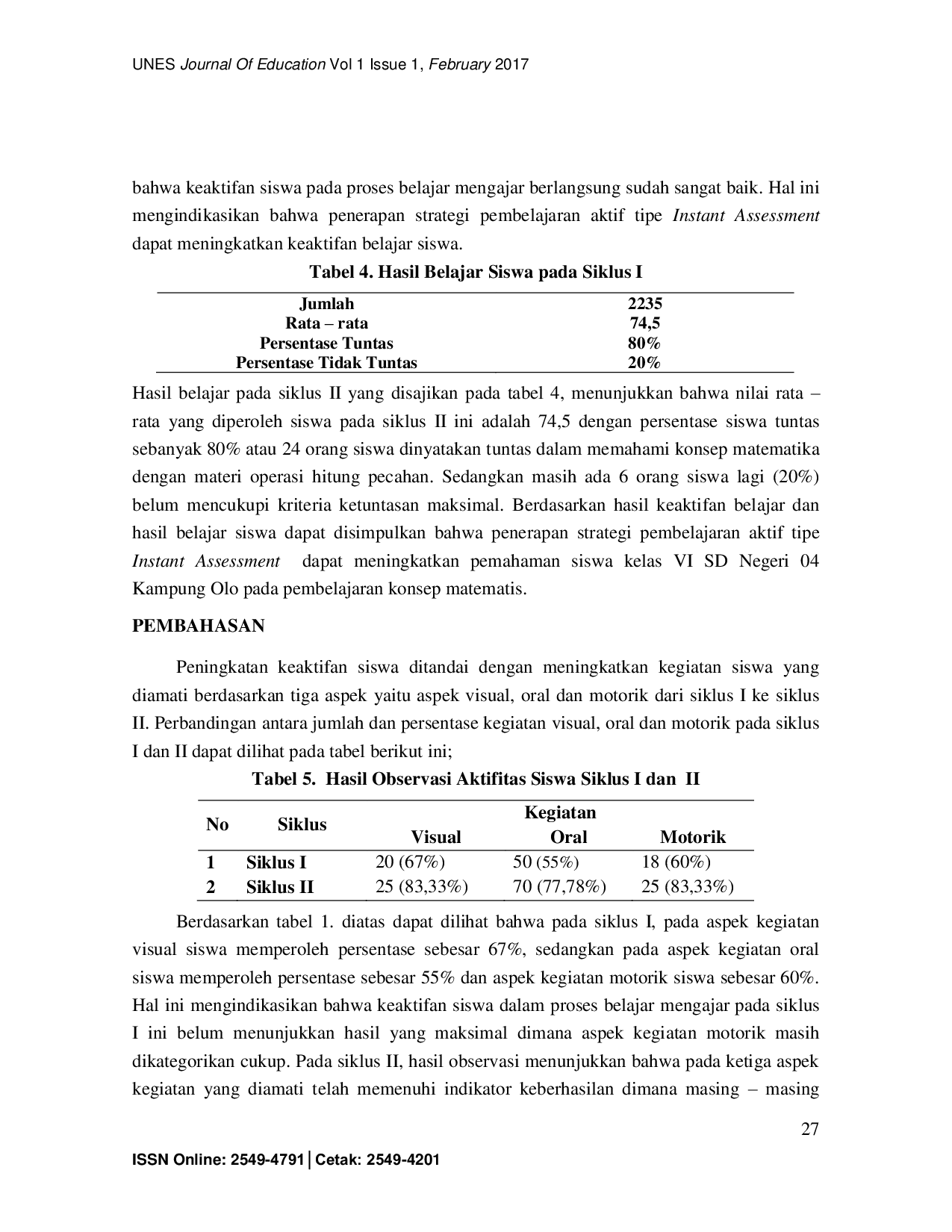 JURIS Peningkatan Pemahaman Konsep Matematika Menggunakan Strategi Pembelajaran Aktif Tipe Instant Assessment pada Siswa Kelas VI SD Negeri 04 Kampung Olo