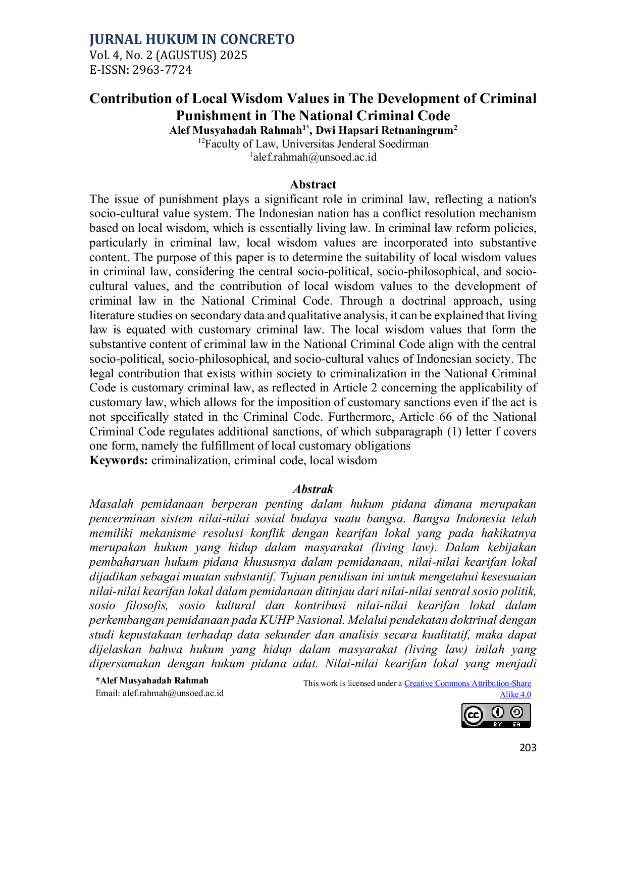 JURIS Contribution of Local Wisdom Values in The Development of Criminal Punishment in The National Criminal Code