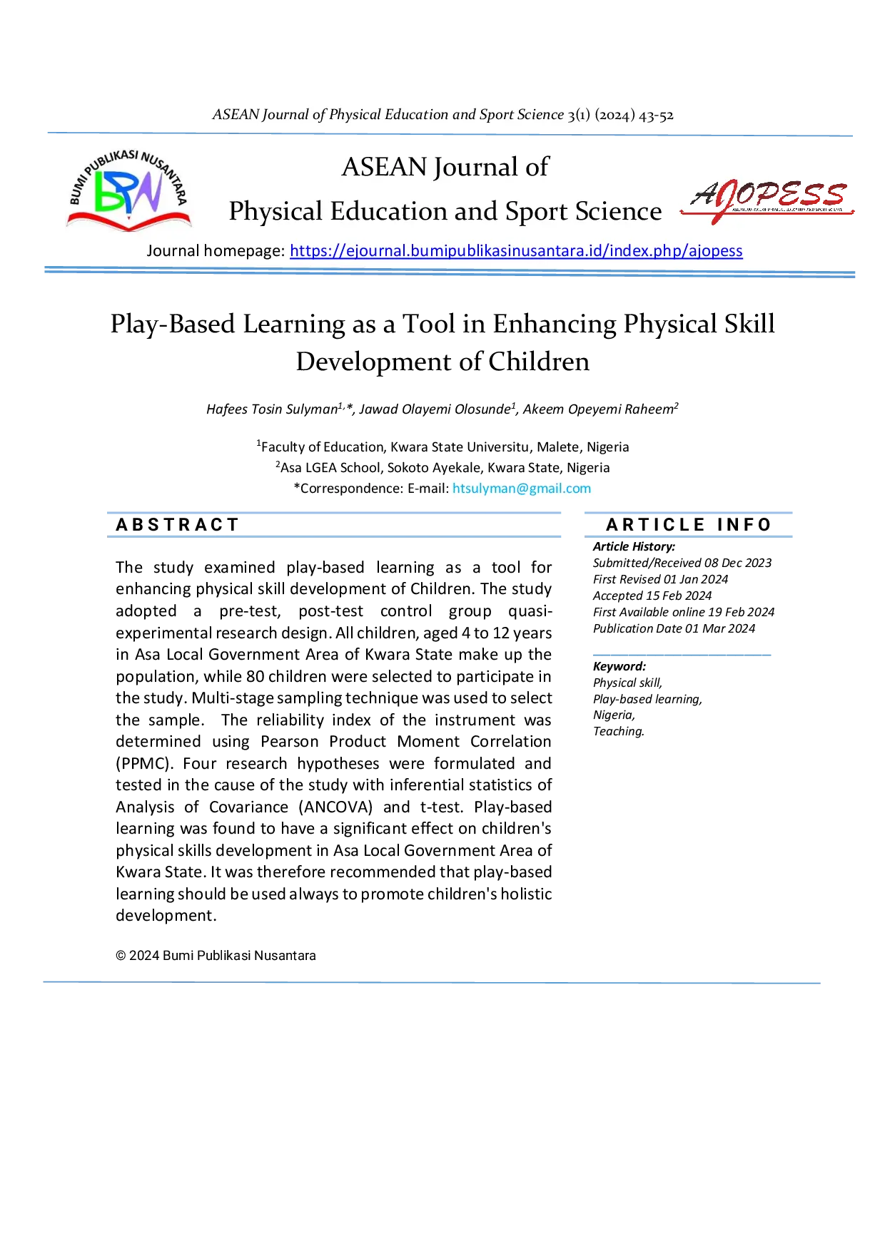 JURIS Play Based Learning as a Tool in Enhancing Physical Skill Development of Children