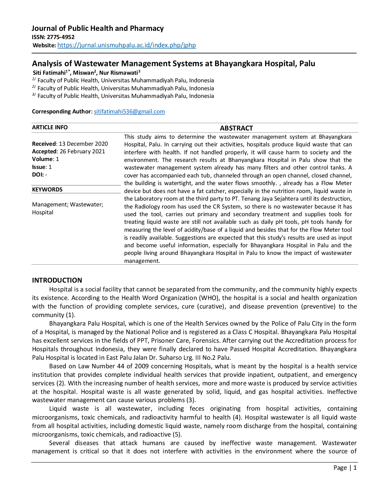juris Analysis of Wastewater Management Systems at Bhayangkara Hospital Palu