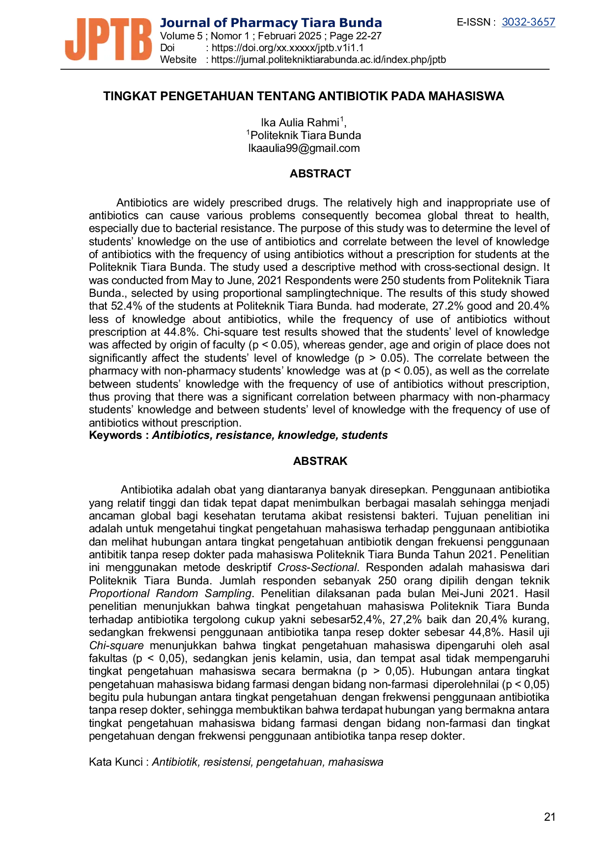 JURIS Tingkat Pengetahuan Tentang Antibiotik Pada Mahasiswa