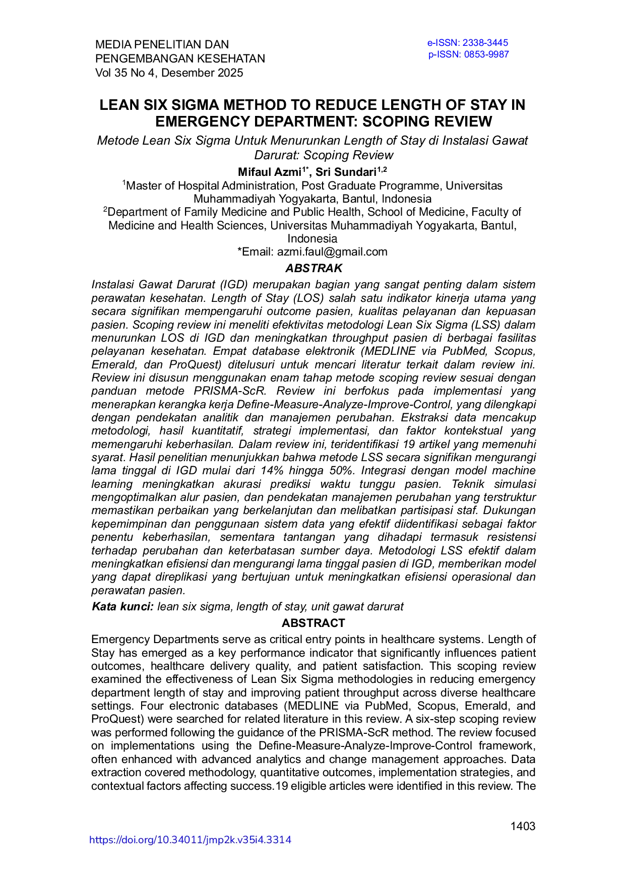 JURIS Lean Six Sigma Method To Reduce Length Of Stay In Emergency Department Scoping Review