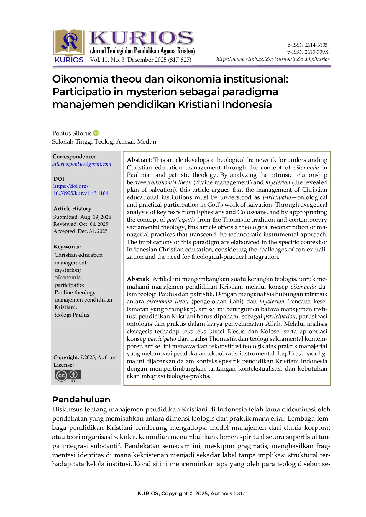 JURIS Oikonomia theou dan oikonomia institusional Participatio in mysterion sebagai paradigma manajemen pendidikan Kristiani Indonesia