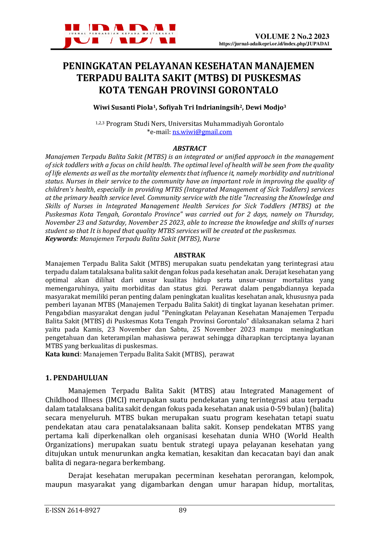 JURIS Peningkatan Pelayanan Kesehatan Manajemen Terpadu Balita Sakit Mtbs Di Puskesmas Kota Tengah Provinsi Gorontalo