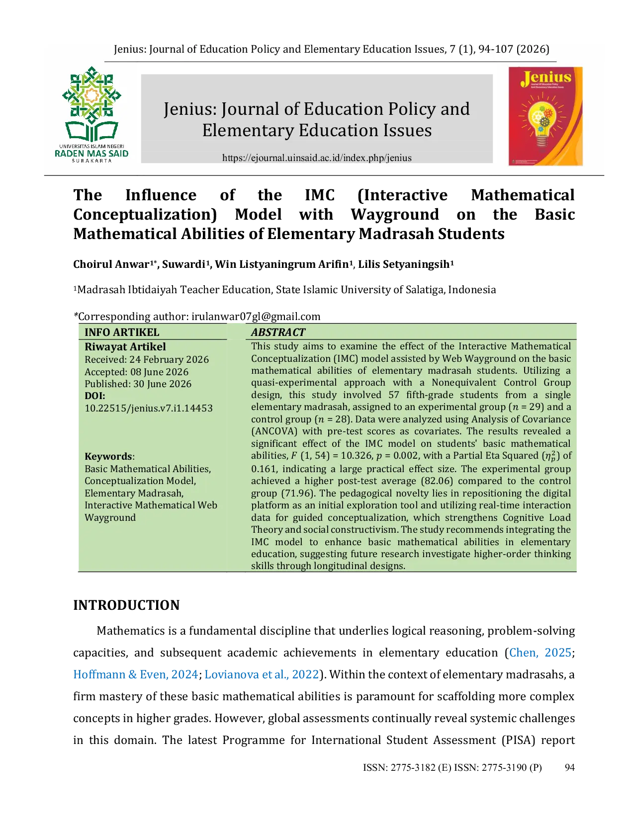 JURIS The Influence of the IMC Interactive Mathematical Conceptualization Model with Wayground on the Basic Mathematical Abilities of Elementary Madrasah Students