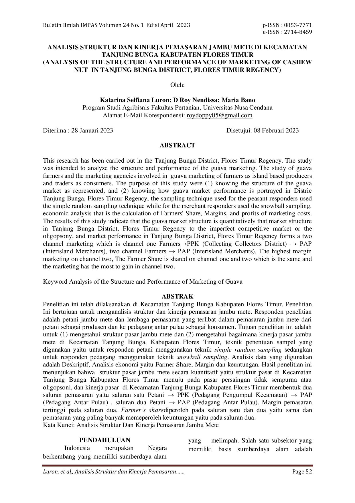 JURIS Analisis Struktur dan Kinerja Pemasaran Jambu Mete di Kecamatan Tanjung Bunga Kabupaten Flores Timur