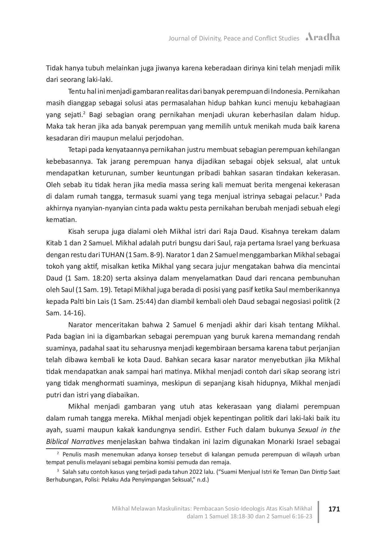 JURIS Mikhal Melawan Maskulinitas Pembacaan Sosio Ideologis Atas Kisah Mikhal dalam 1 Samuel 18 18 30 2 Samuel 6 16 23