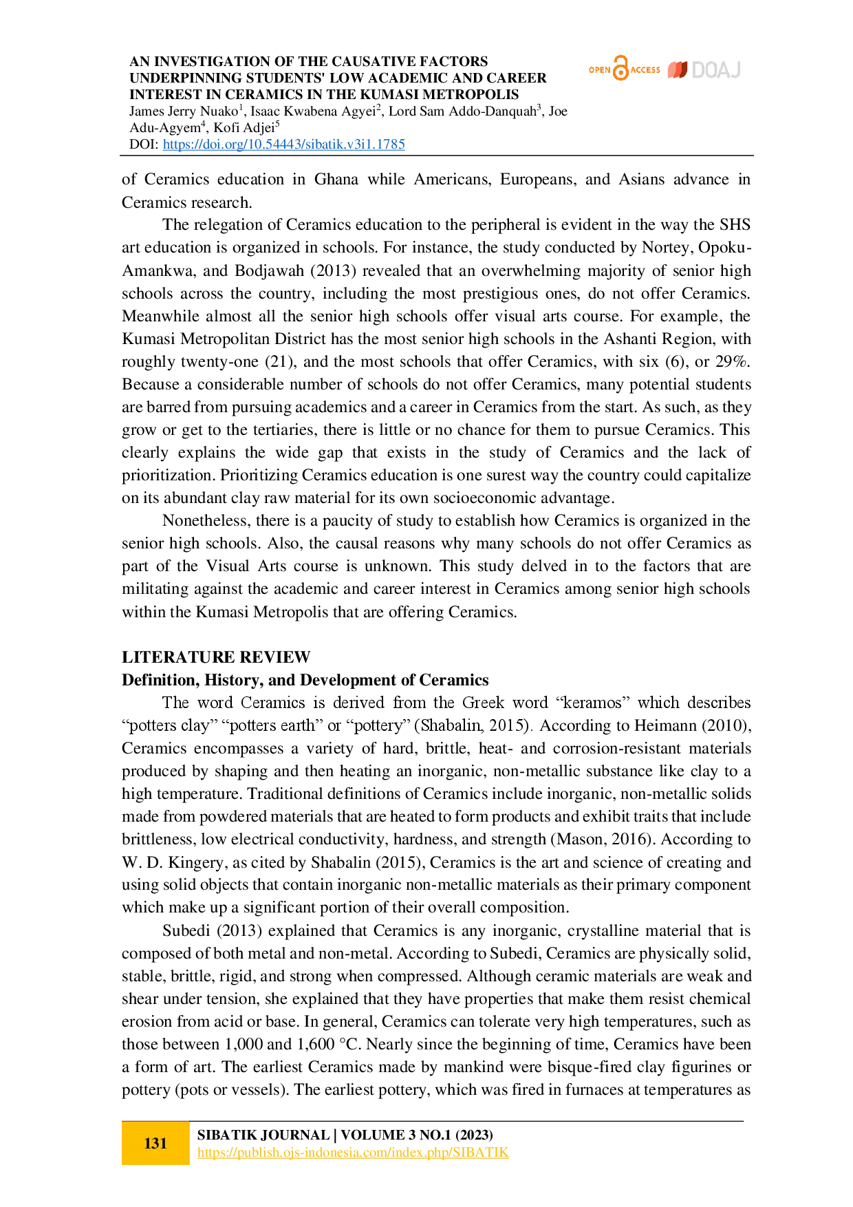 juris An Investigation of the Causative Factors Underpinning Students Low Academic and Career Interest in Ceramics in the Kumasi Metropolis