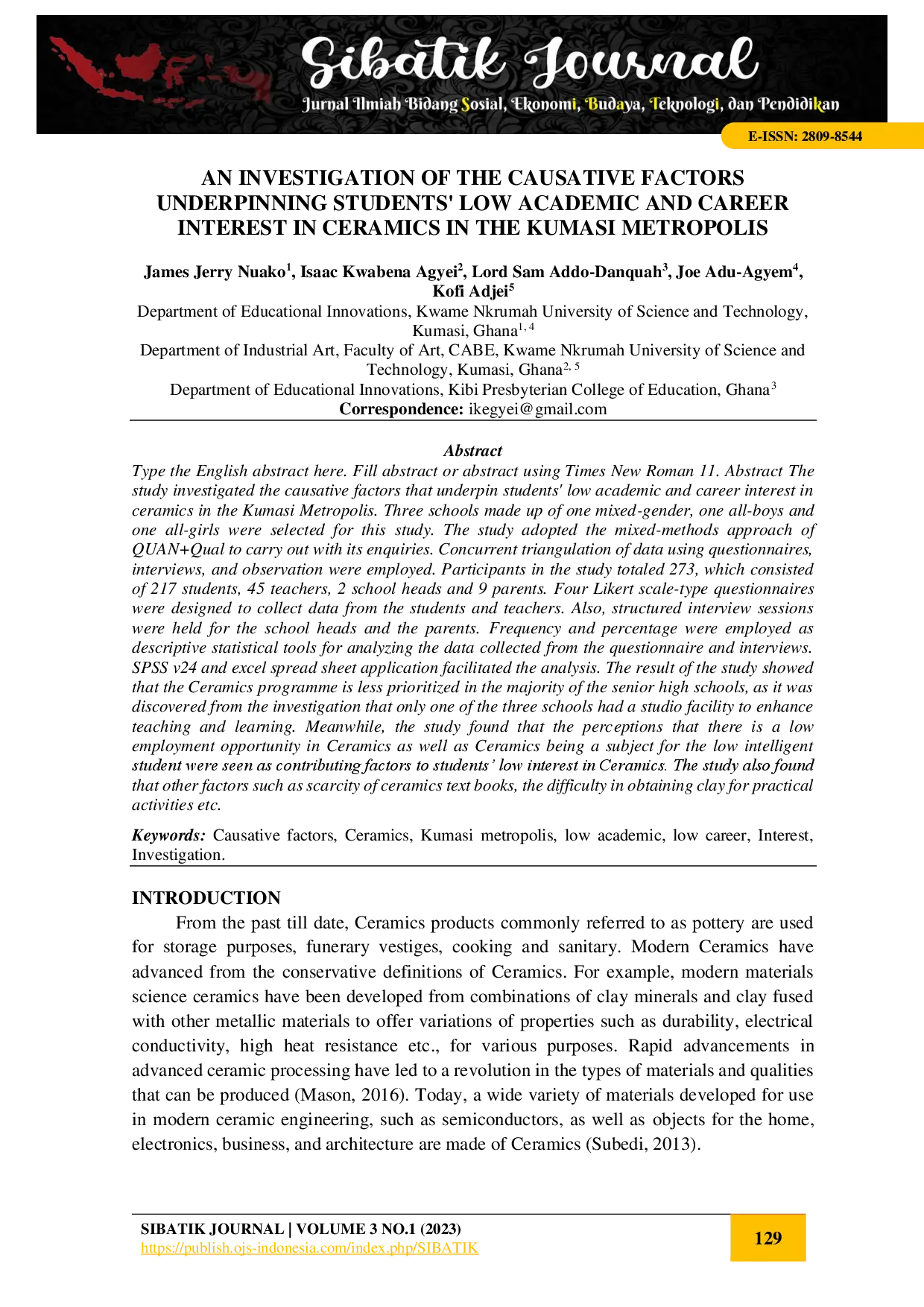 juris An Investigation of the Causative Factors Underpinning Students Low Academic and Career Interest in Ceramics in the Kumasi Metropolis