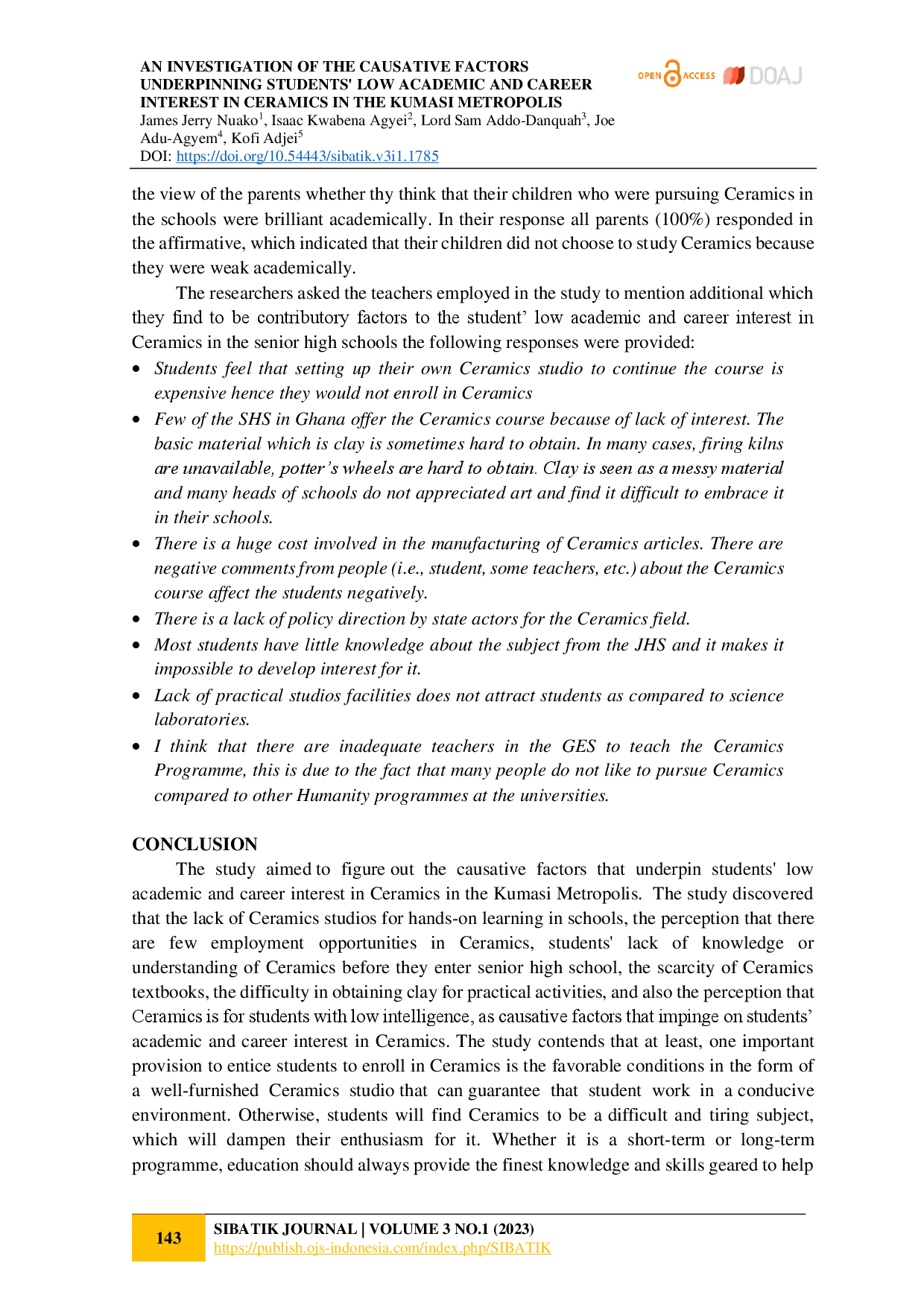 juris An Investigation of the Causative Factors Underpinning Students Low Academic and Career Interest in Ceramics in the Kumasi Metropolis
