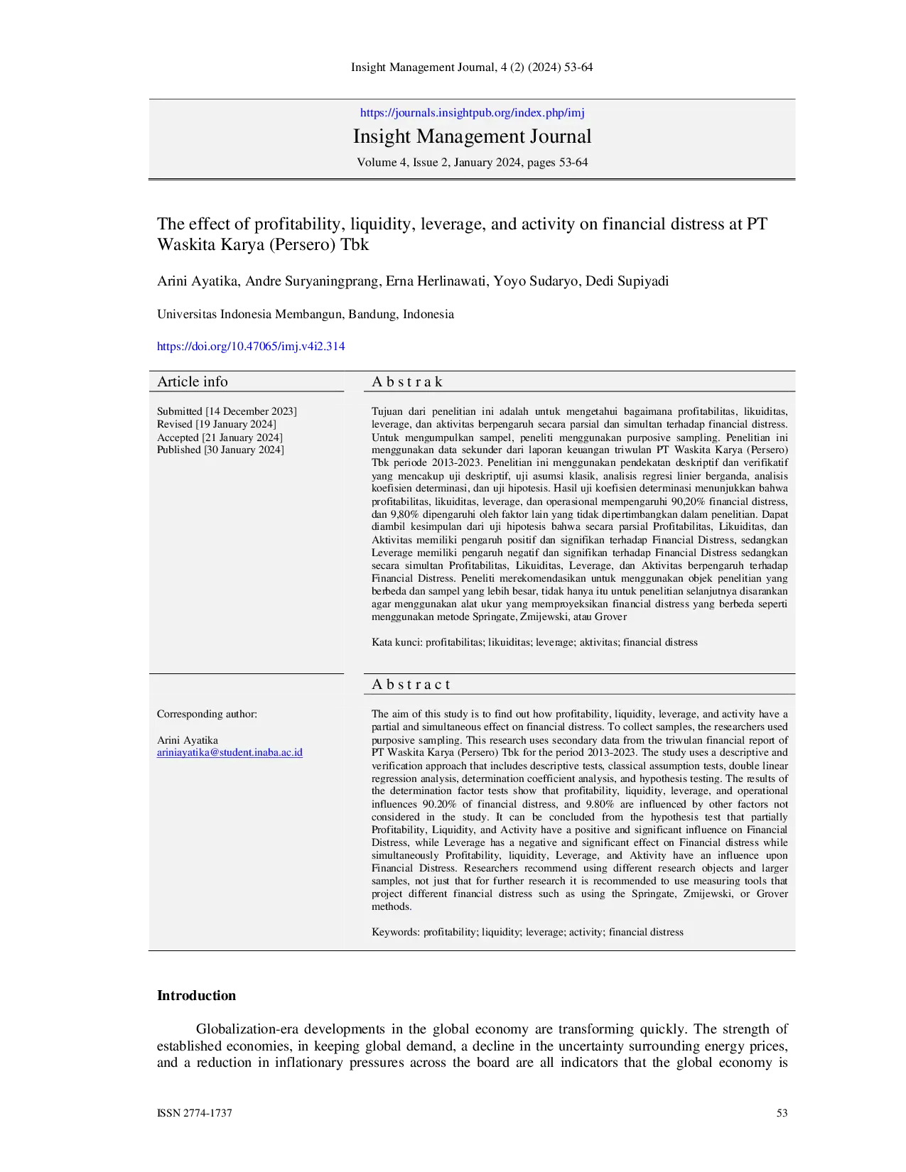 JURIS The Effect of Profitability Liquidity Leverage and Activity on Financial Distress at PT Waskita Karya Persero Tbk