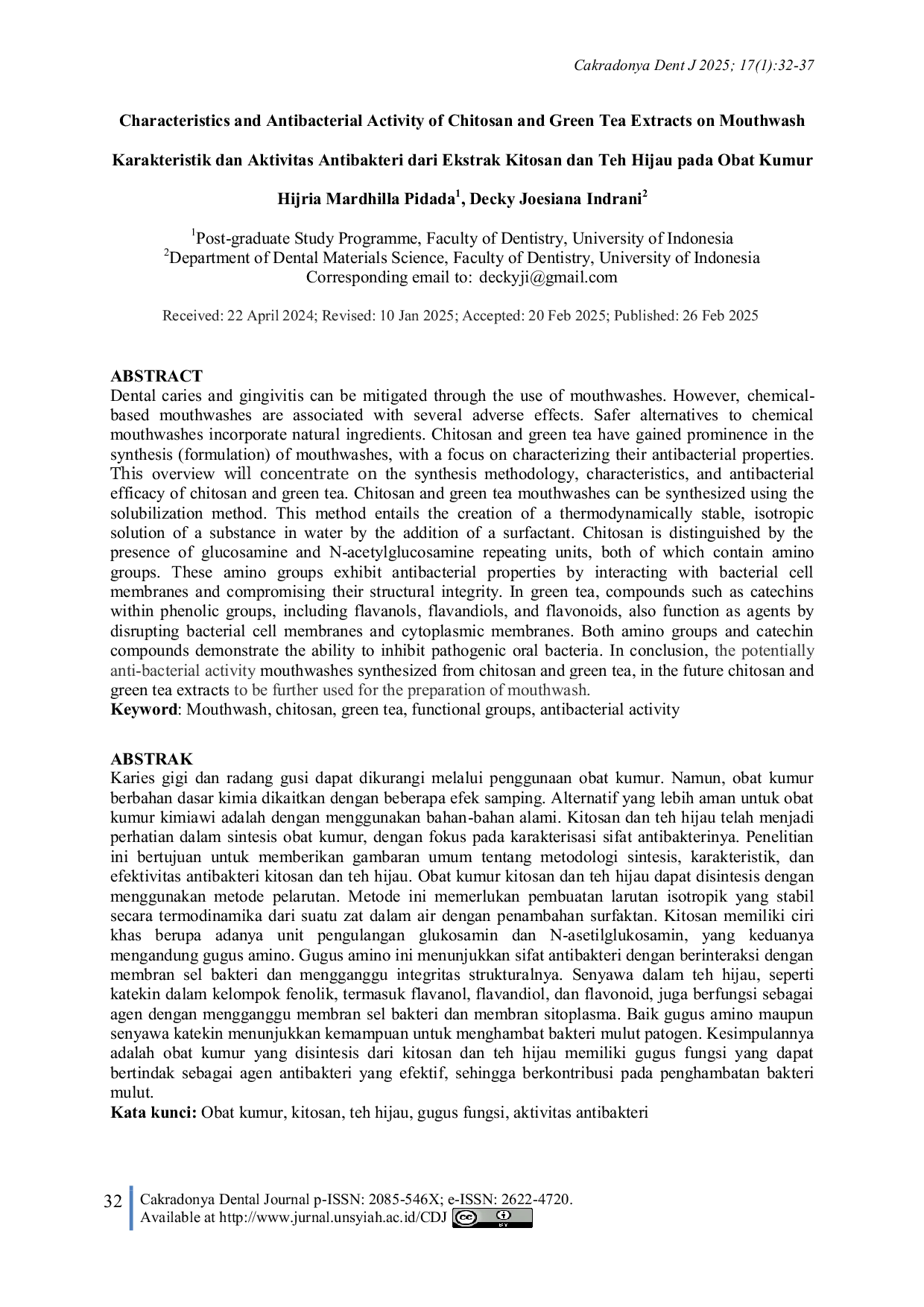 JURIS Characteristics and Antibacterial Activity of Chitosan and Green Tea Extracts in Mouthwash