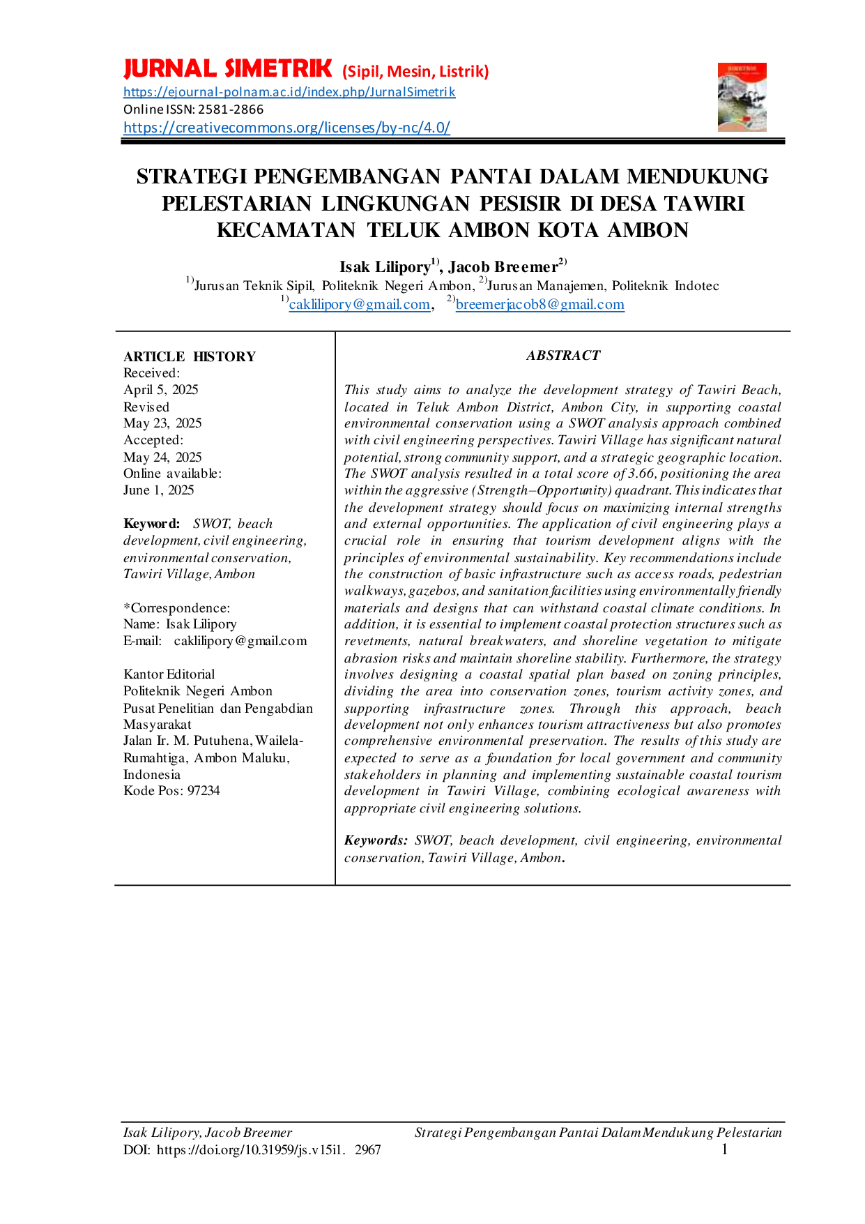 JURIS Strategi Pengembangan Pantai Dalam Mendukung Pelestarian Lingkungan Pesisir Di Desa Tawiri Kecamatan Teluk Ambon Kota Ambon