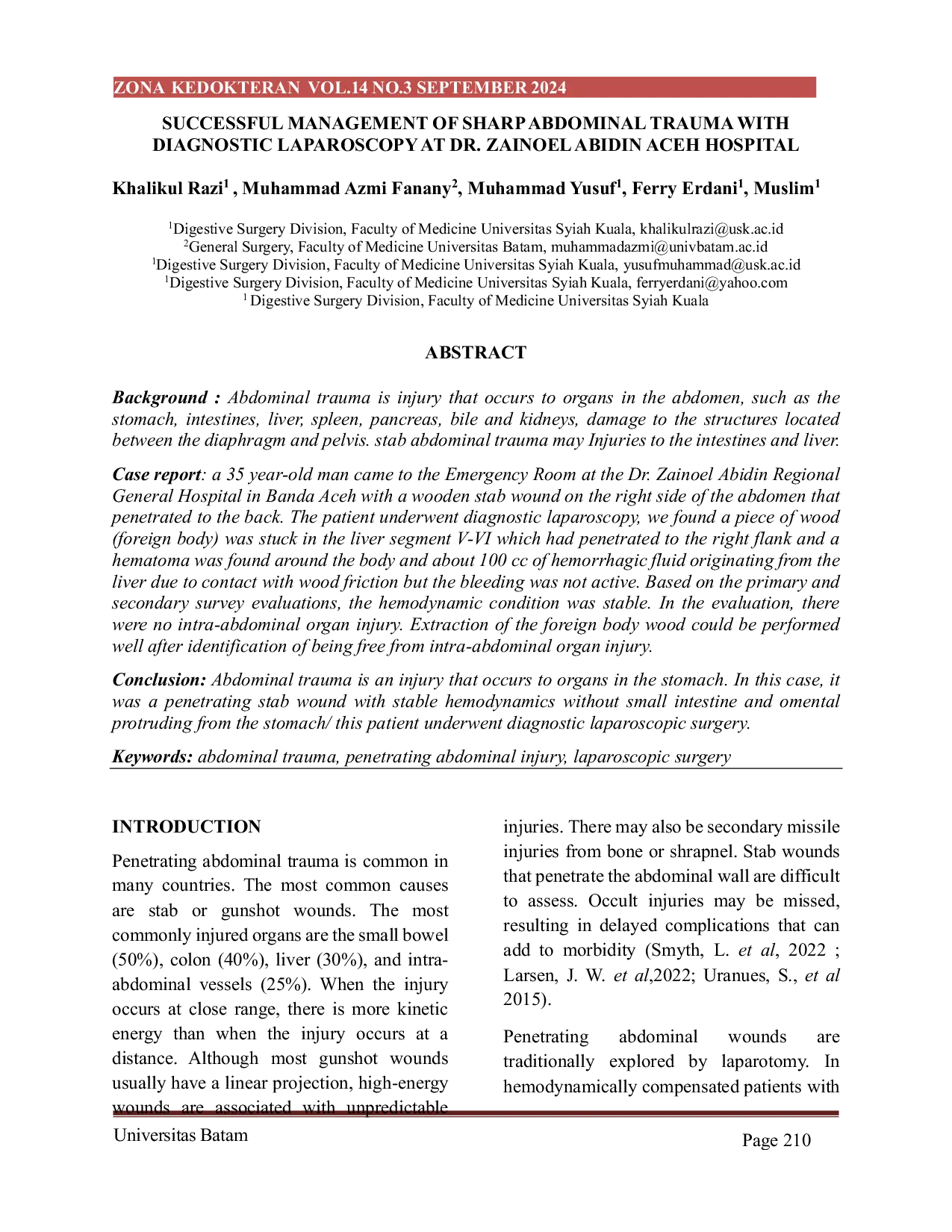 JURIS Successful Management of Sharp Abdominal Trauma With Diagnostic Laparoscopy at Dr Zainoel Abidin Aceh Hospital