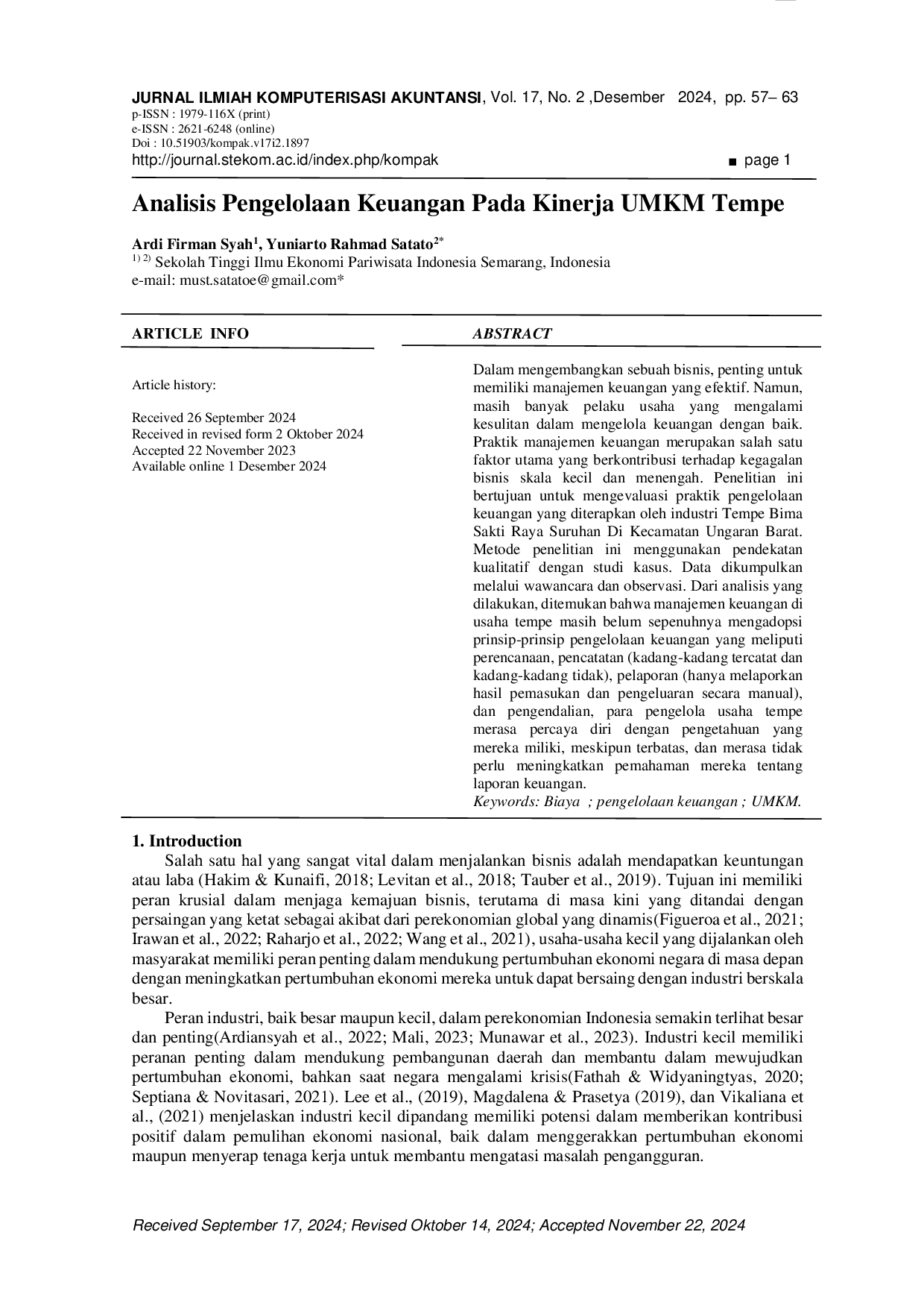 JURIS Analisis Pengelolaan Keuangan Pada Kinerja UMKM Tempe