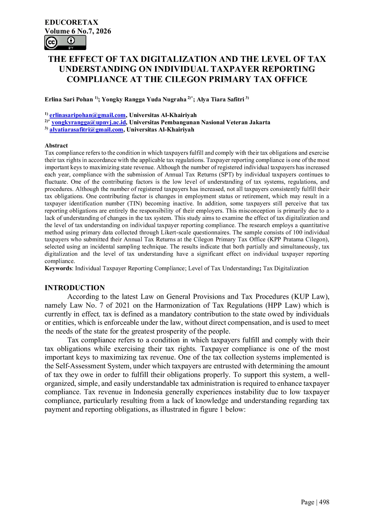 JURIS The effect of tax digitalization and the level of tax understanding on individual taxpayer reporting compliance at the Cilegon Primary Tax Office