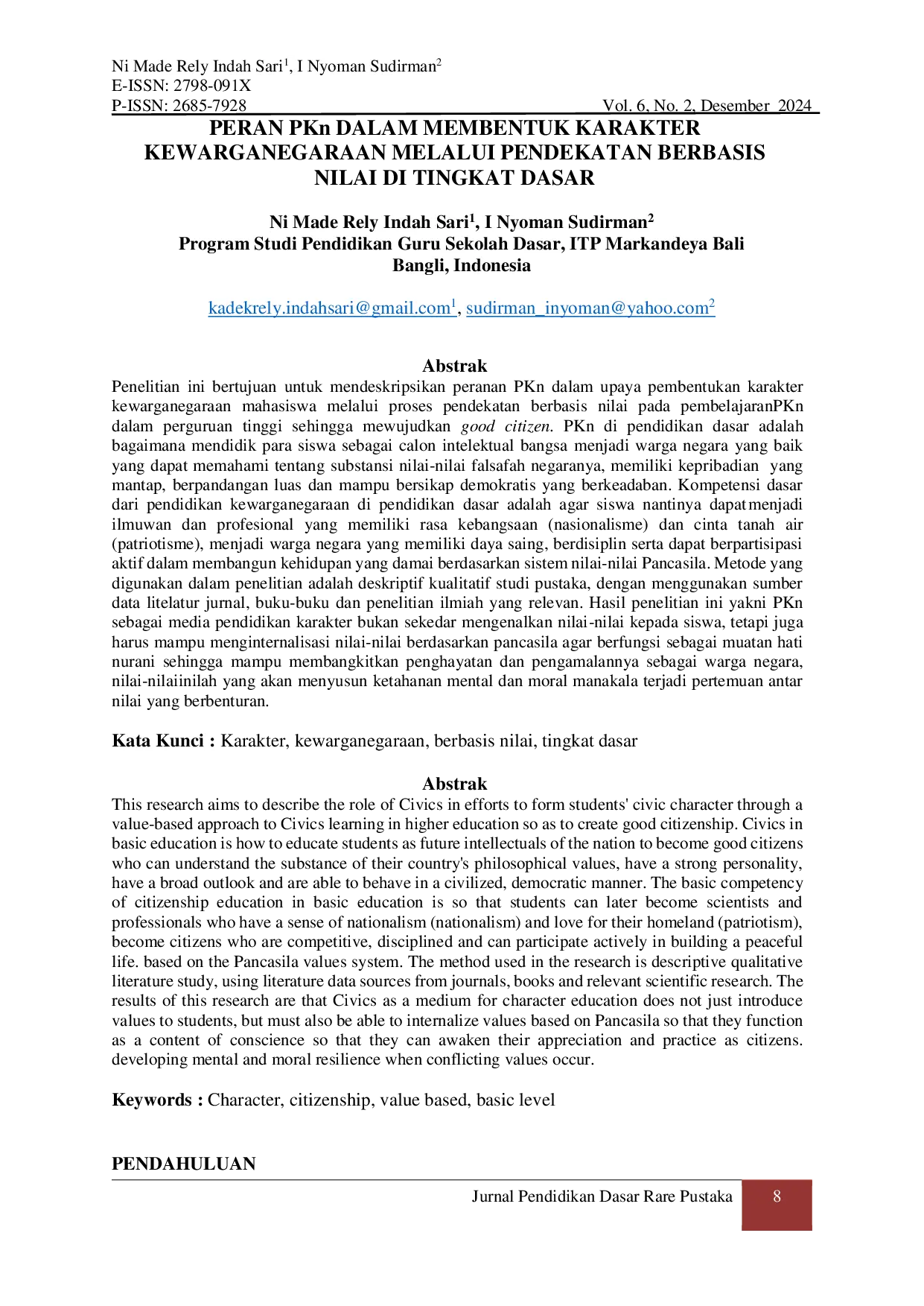 JURIS PERAN PKn DALAM MEMBENTUK KARAKTER KEWARGANEGARAAN MELALUI PENDEKATAN BERBASIS NILAI DI TINGKAT DASAR