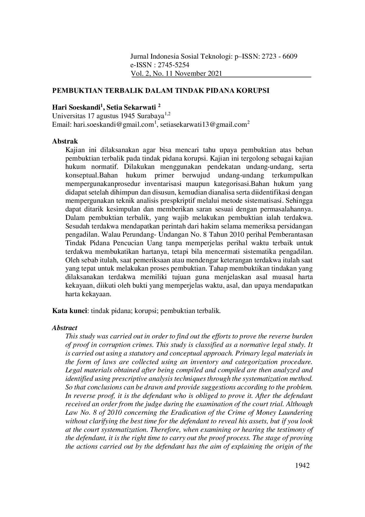 JURIS Pembuktian Terbalik dalam Tindak Pidana Korupsi