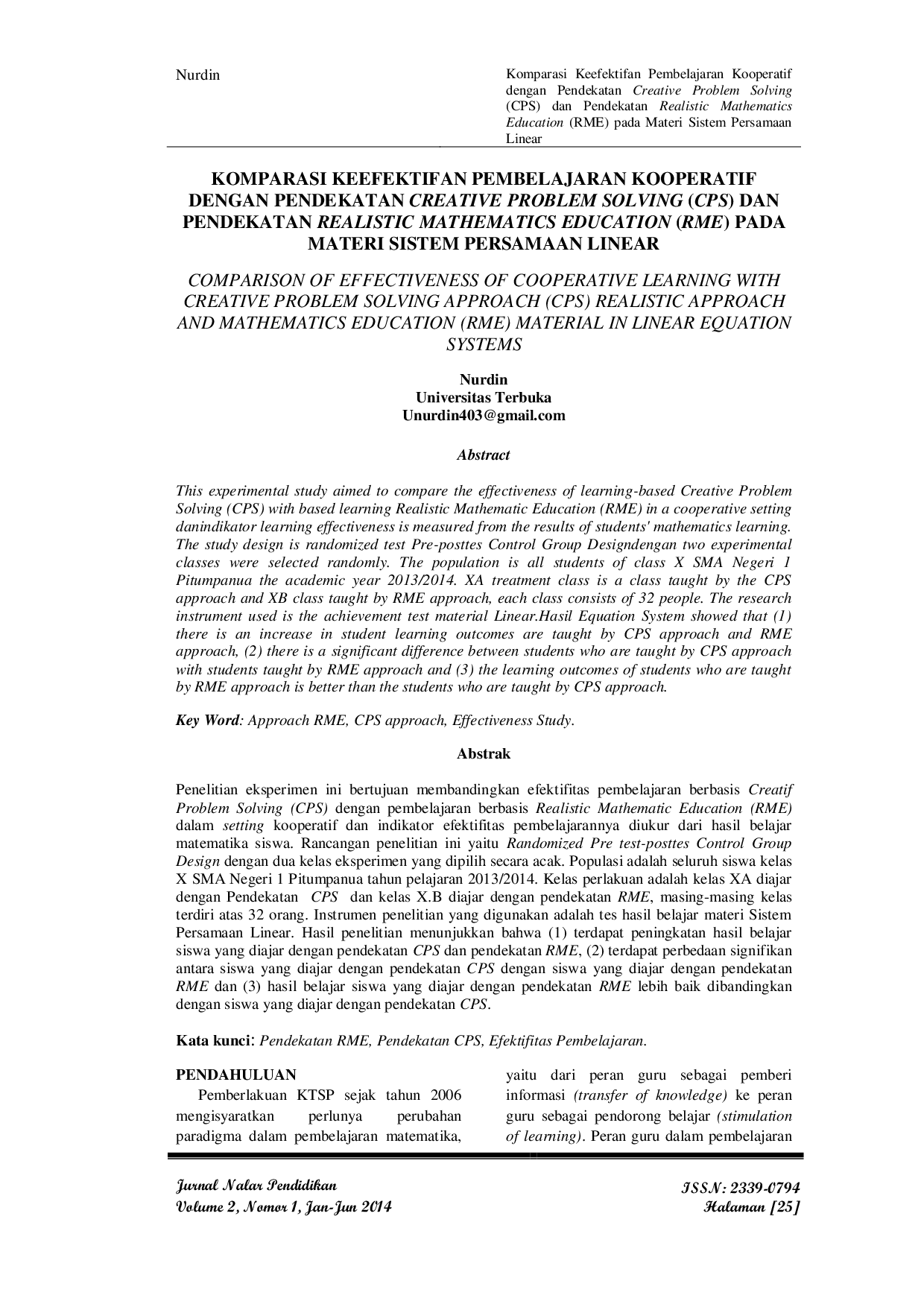 JURIS Komparasi Keefektifan Pembelajaran Kooperatif Dengan Pendekatan Creative Problem Solving CPS dan Pendekatan Realistic Mathematics Education RME Pada Materi Sistem Persamaan Linear