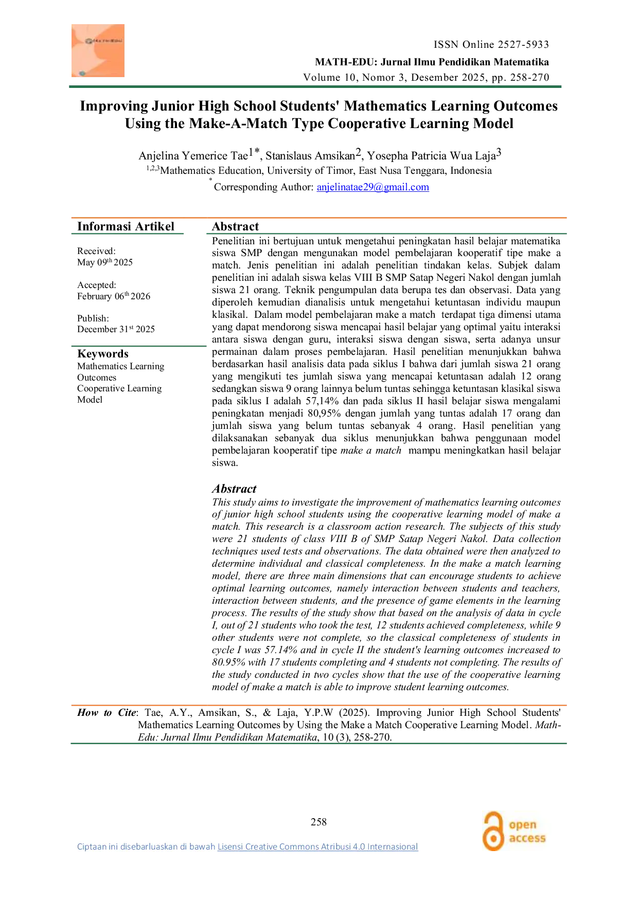 JURIS Improving Junior High School Students Mathematics Learning Outcomes Using the Make A Match Type Cooperative Learning Model