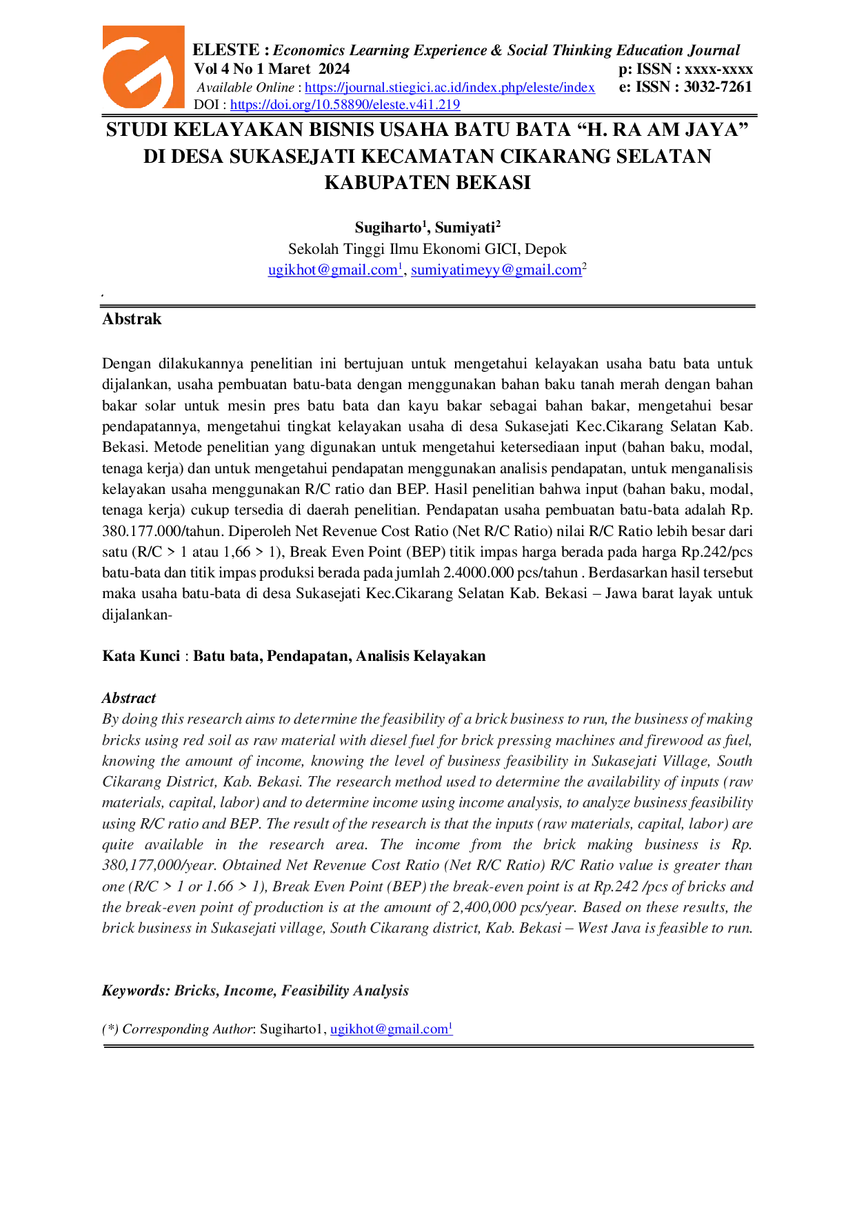 JURIS Studi Kelayakan Bisnis Usaha Batu Bata H Ra Am Jaya Di Desa Sukasejati Kecamatan Cikarang Selatan Kabupaten Bekasi
