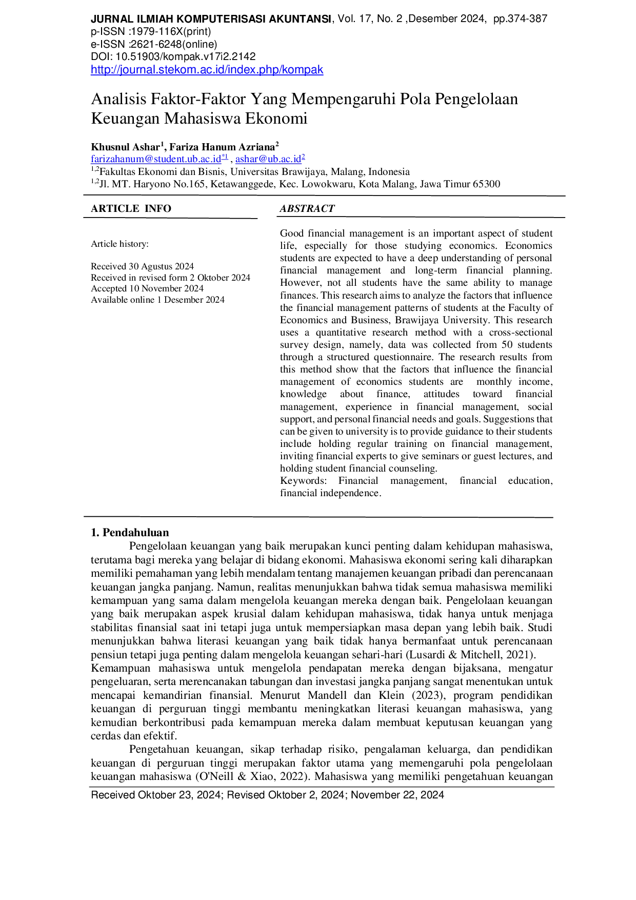 JURIS Analisis Faktor Faktor Yang Mempengaruhi Pola Pengelolaan Keuangan Mahasiswa Ekonomi