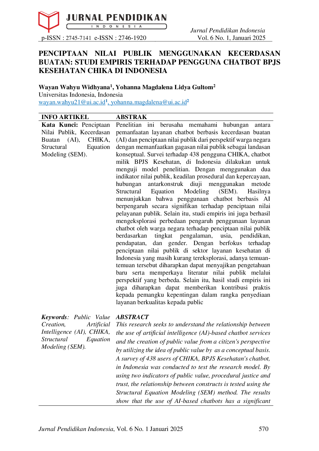 JURIS Penciptaan Nilai Publik Menggunakan Kecerdasan Buatan Studi Empiris terhadap Pengguna Chatbot BPJS Kesehatan CHIKA di Indonesia