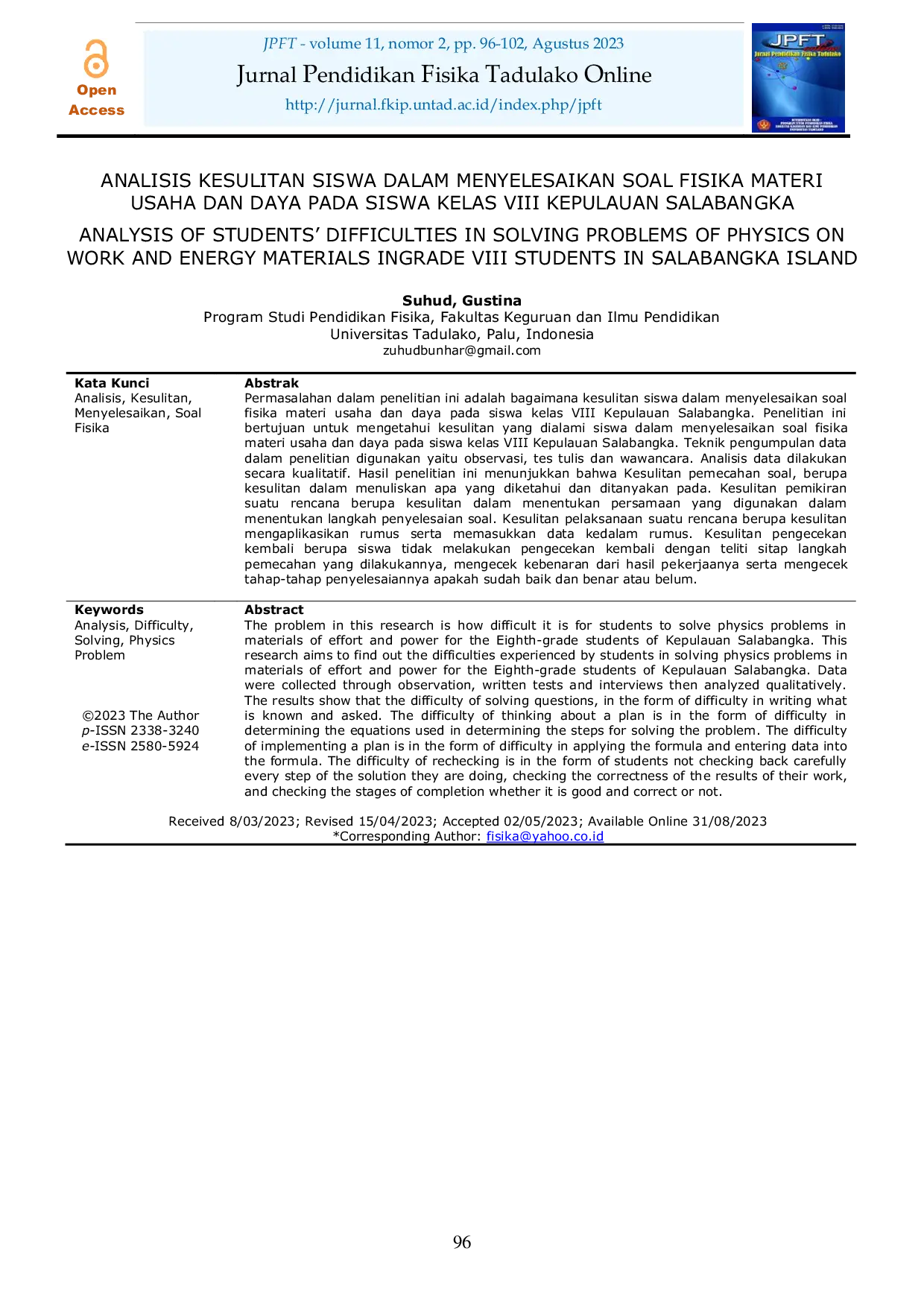 JURIS A Analisis Kesulitan Siswa dalam Menyelesaikan Soal Fisika Materi Usaha dan Daya Pada Siswa Kelas VIII Kepulauan Salabangka Analisis Kesulitan Siswa dalam Menyelesaikan Soal Fisika Materi Usaha dan D
