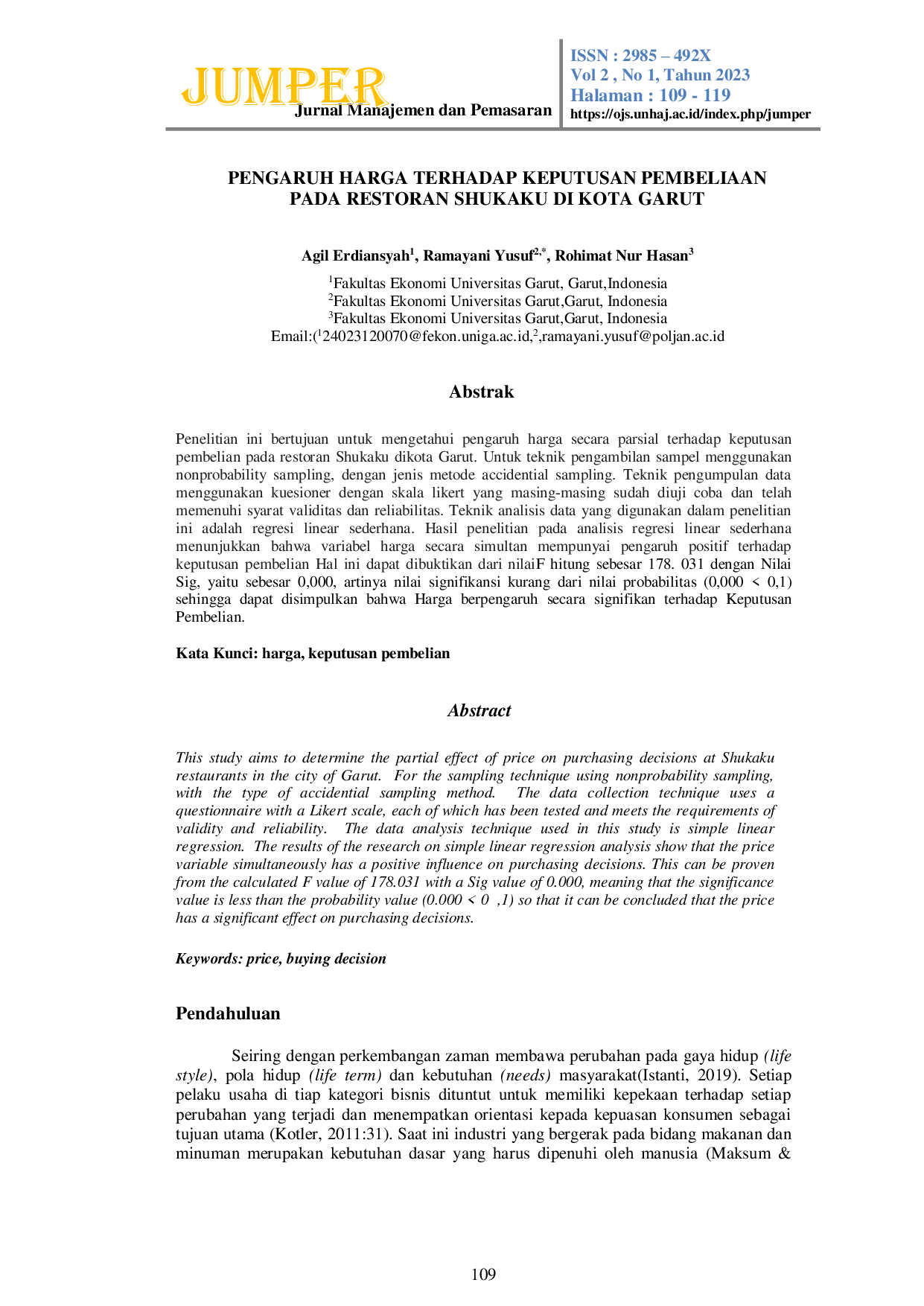 JURIS Pengaruh Harga Terhadap Keputusan Pembelian Pada Restoran Shukaku Di Kota Garut