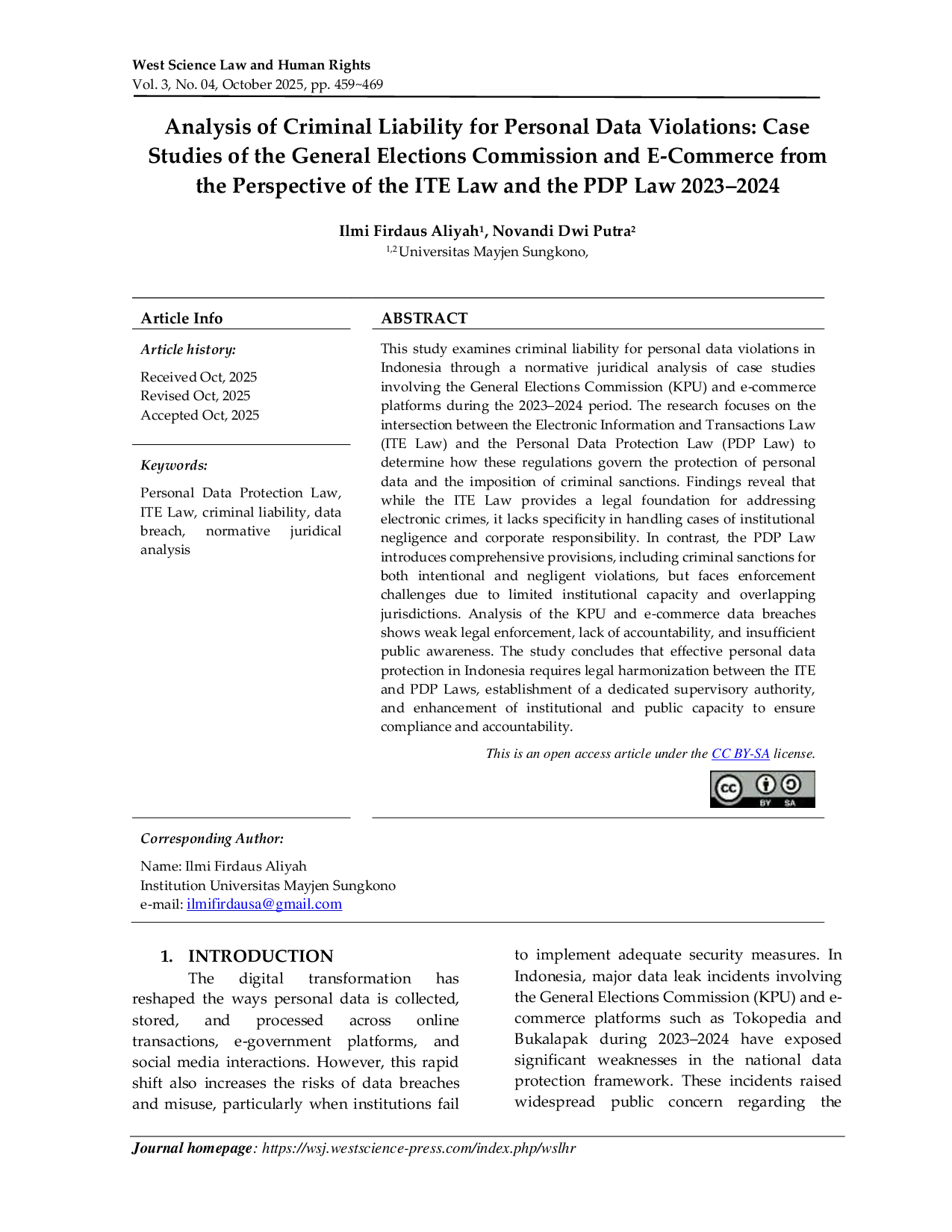 JURIS Analysis of Criminal Liability for Personal Data Violations Case Studies of the General Elections Commission and E Commerce from the Perspective of the ITE Law and the PDP Law 2023 2024