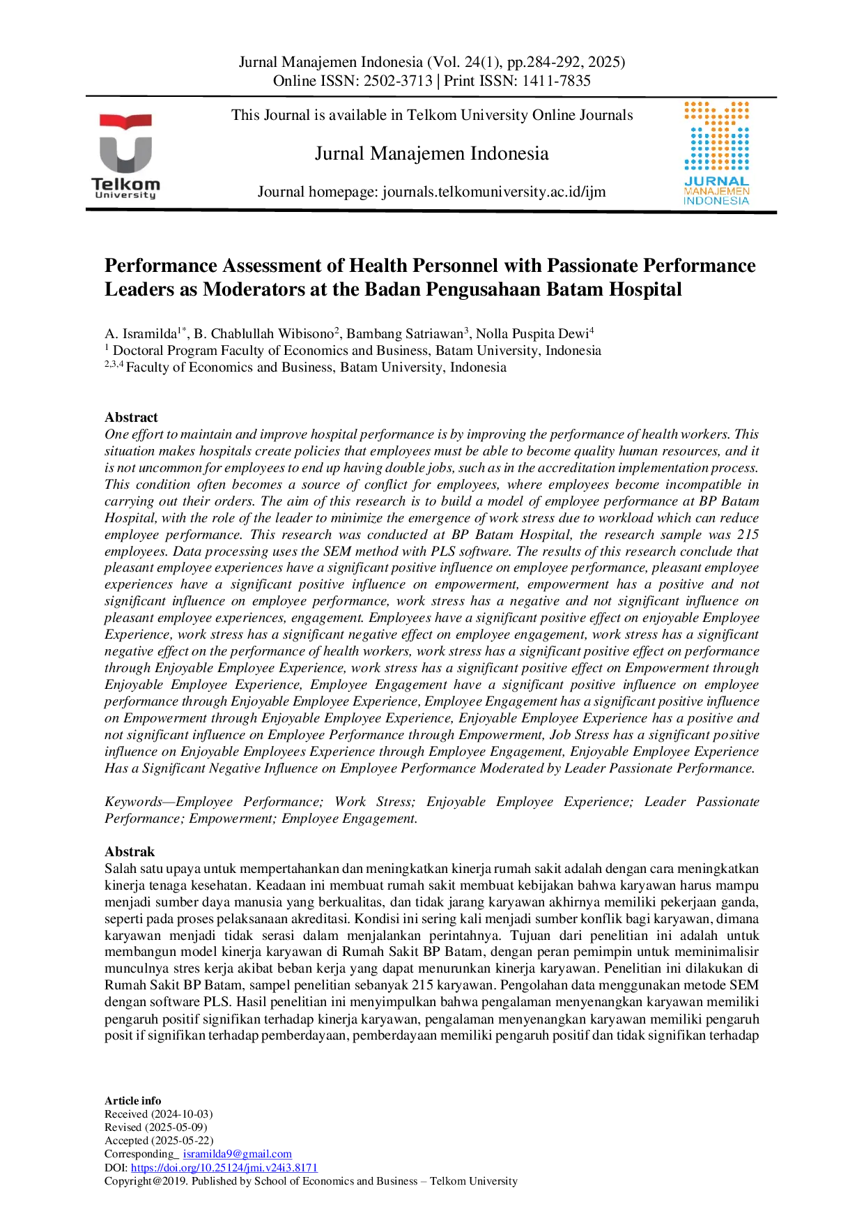 JURIS Performance Assessment of Health Personnel with Passionate Performance Leaders as Moderators at the Badan Pengusahaan Batam Hospital