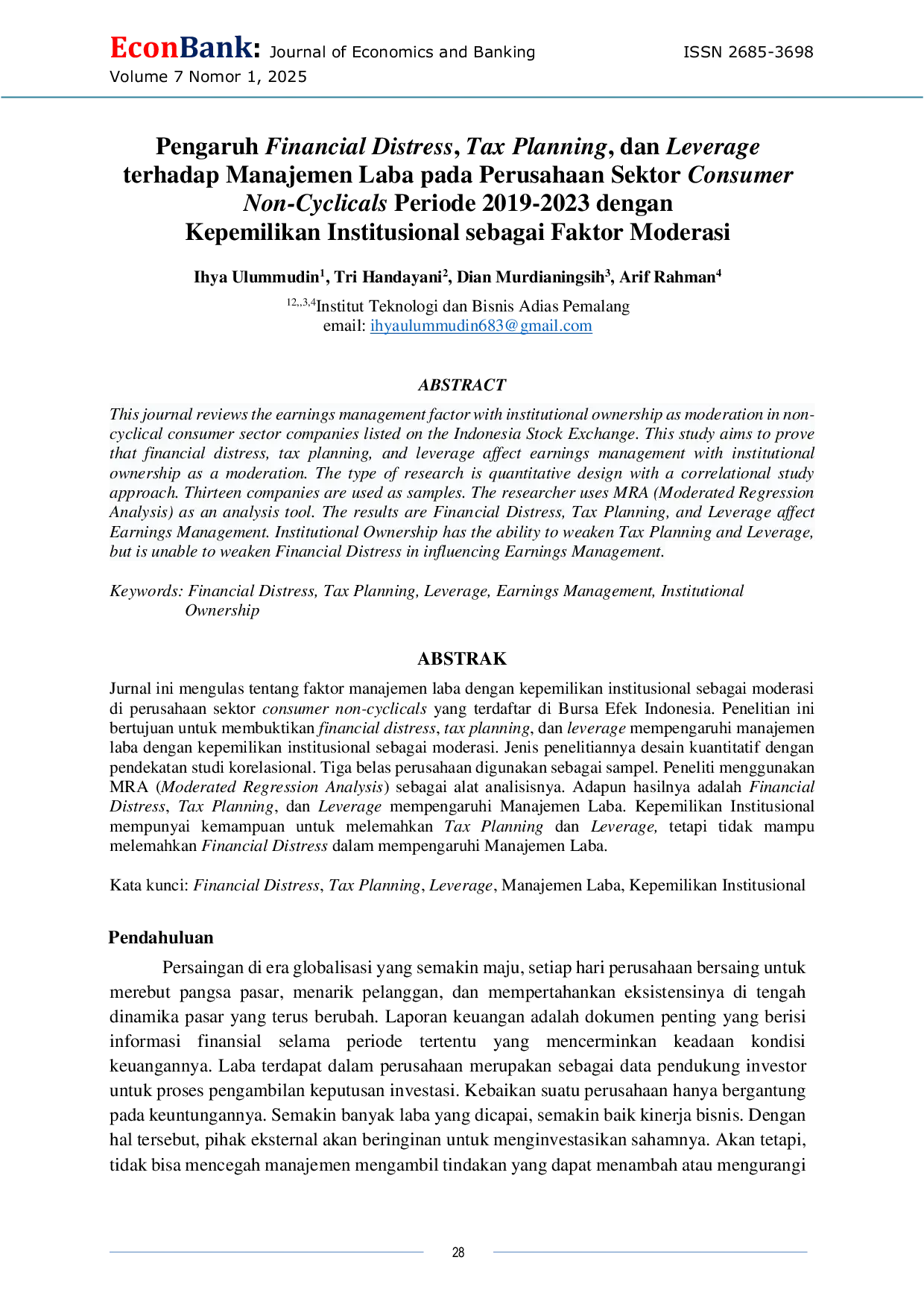 JURIS Pengaruh Financial Distress Tax Planning dan Leverage terhadap Manajemen Laba pada Perusahaan Sektor Consumer Non Cyclicals Periode 2019 2023 dengan Kepemilikan Institusional sebagai Faktor Moderasi