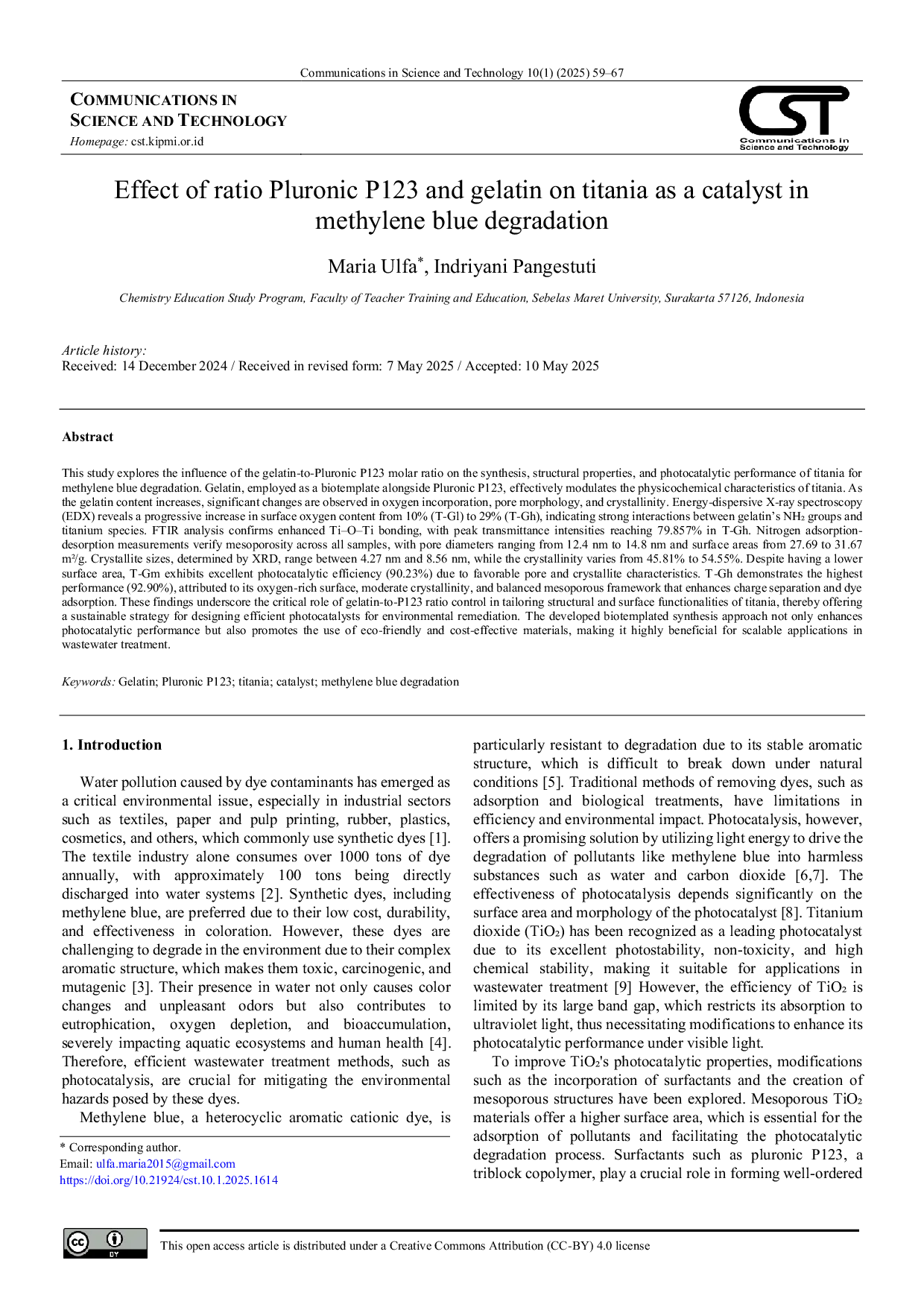 JURIS Effect of ratio Pluronic P123 and gelatin on titania as a catalyst in methylene blue degradation