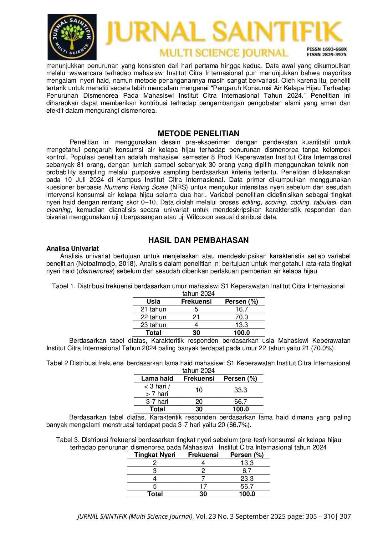 JURIS Pengaruh Konsumsi Air Kelapa Hijau terhadap Penurunan Dismenorea pada Mahasiswi Institut Citra Internasional Tahun 2024