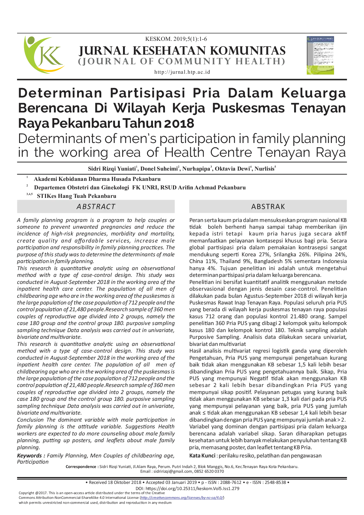 juris Determinan Partisipasi Pria Dalam Keluarga Berencana Di Wilayah Kerja Puskesmas Tenayan Raya Pekanbaru Tahun 2018