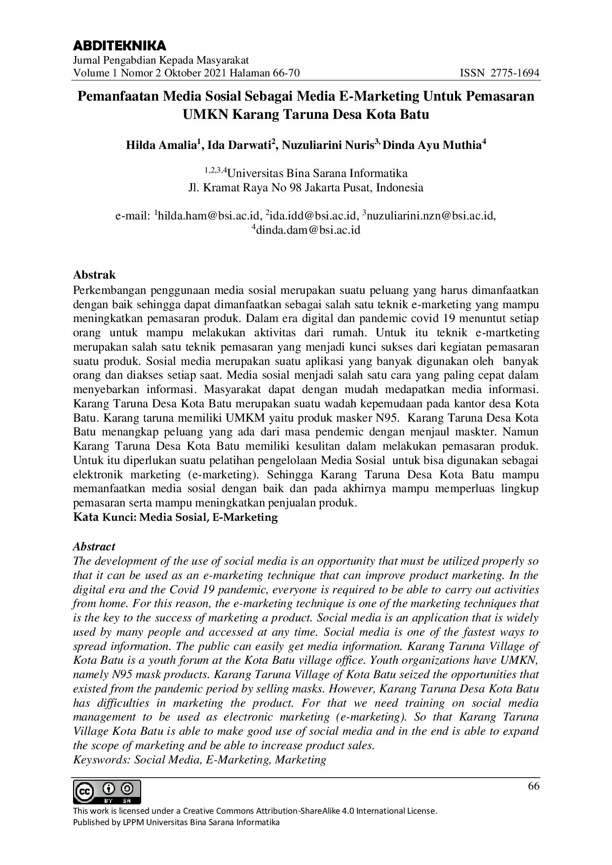 JURIS Pemanfaatan Media Sosial Sebagai Media E Marketing Untuk Pemasaran UMKN Karang Taruna Desa Kota Batu