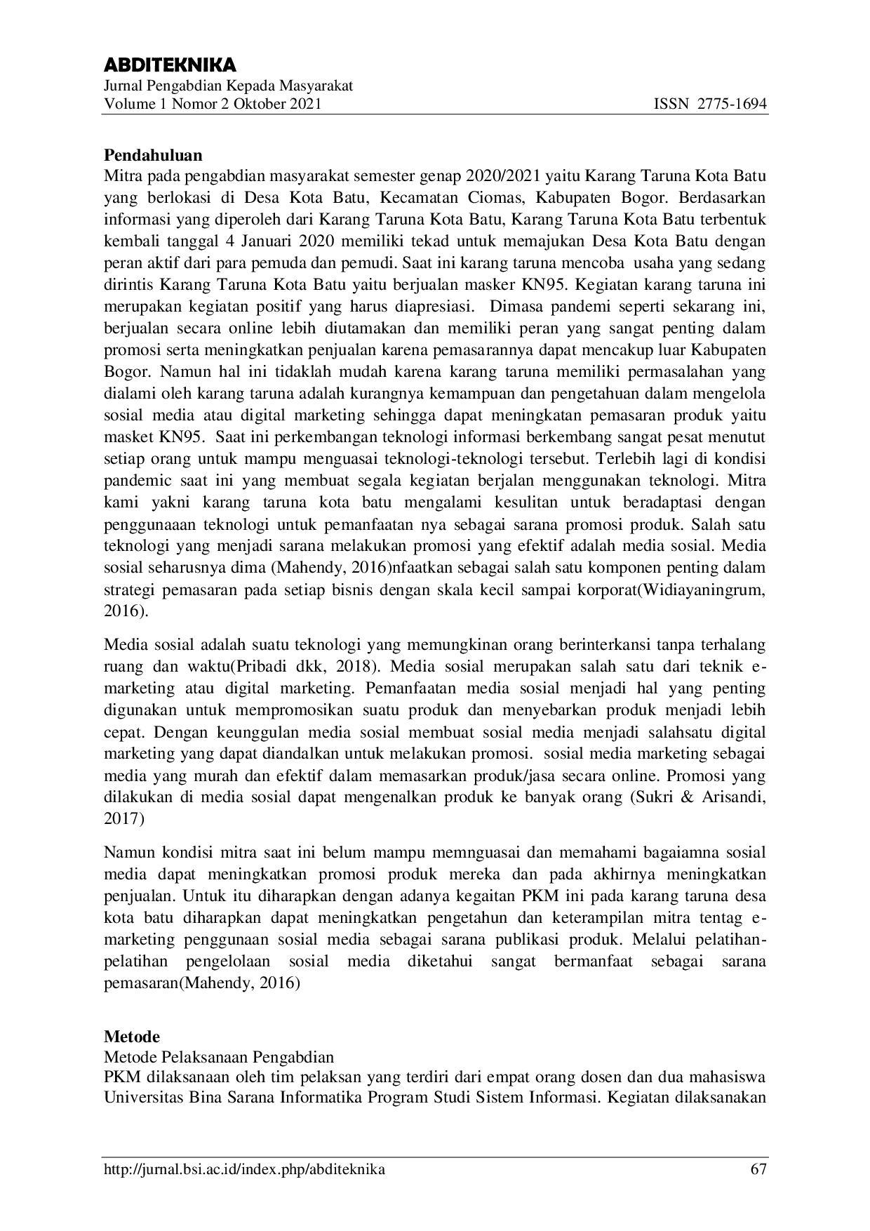 JURIS Pemanfaatan Media Sosial Sebagai Media E Marketing Untuk Pemasaran UMKN Karang Taruna Desa Kota Batu