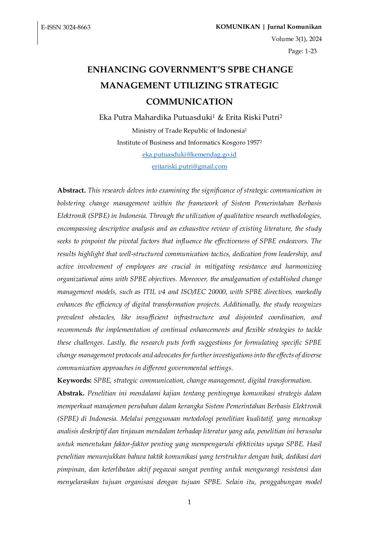 JURIS Enhancing Government s SPBE Change Management Utilizing Strategic Communication