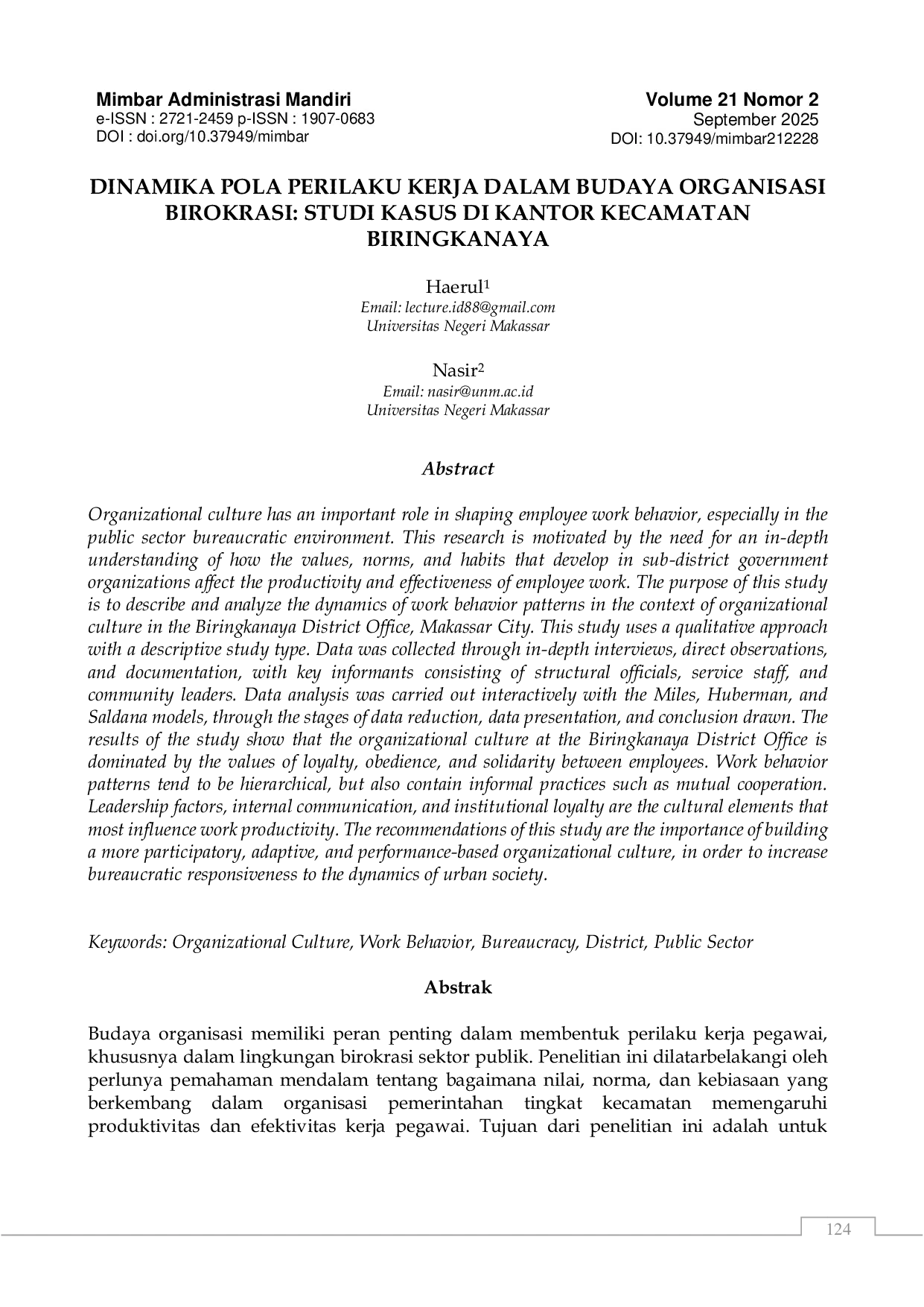 JURIS Din amika Pola Perilaku Kerja Dalam Budaya Organisasi Birokrasi Studi Kasus di Kantor Kecamatan Biringkanaya
