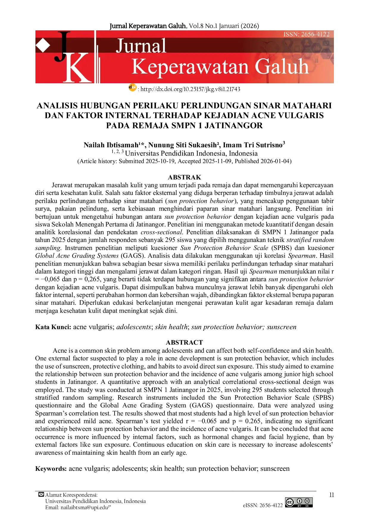 JURIS Analisis Hubungan Perilaku Perlindungan Sinar Matahari dan Faktor Internal Terhadap Kejadian Acne Vulgaris Pada Remaja SMPN 1 Jatinangor