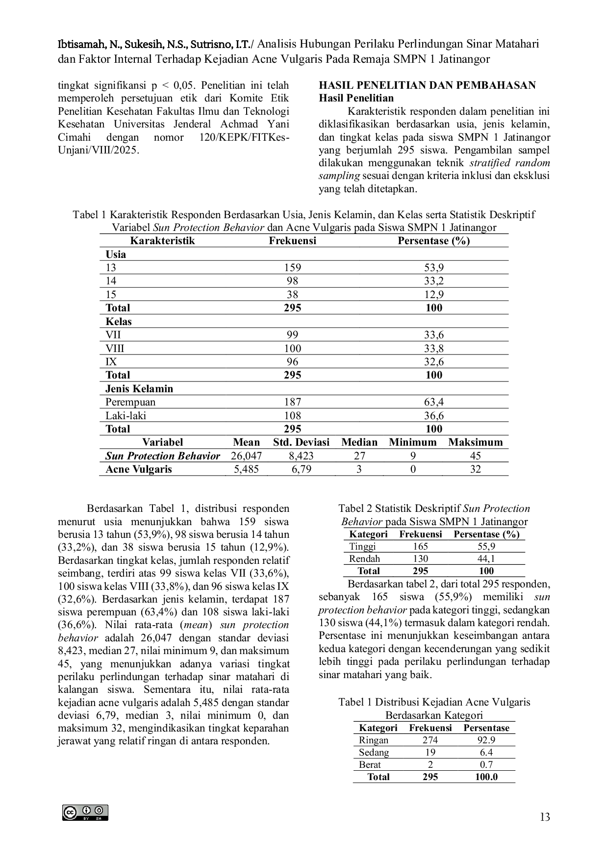 JURIS Analisis Hubungan Perilaku Perlindungan Sinar Matahari dan Faktor Internal Terhadap Kejadian Acne Vulgaris Pada Remaja SMPN 1 Jatinangor