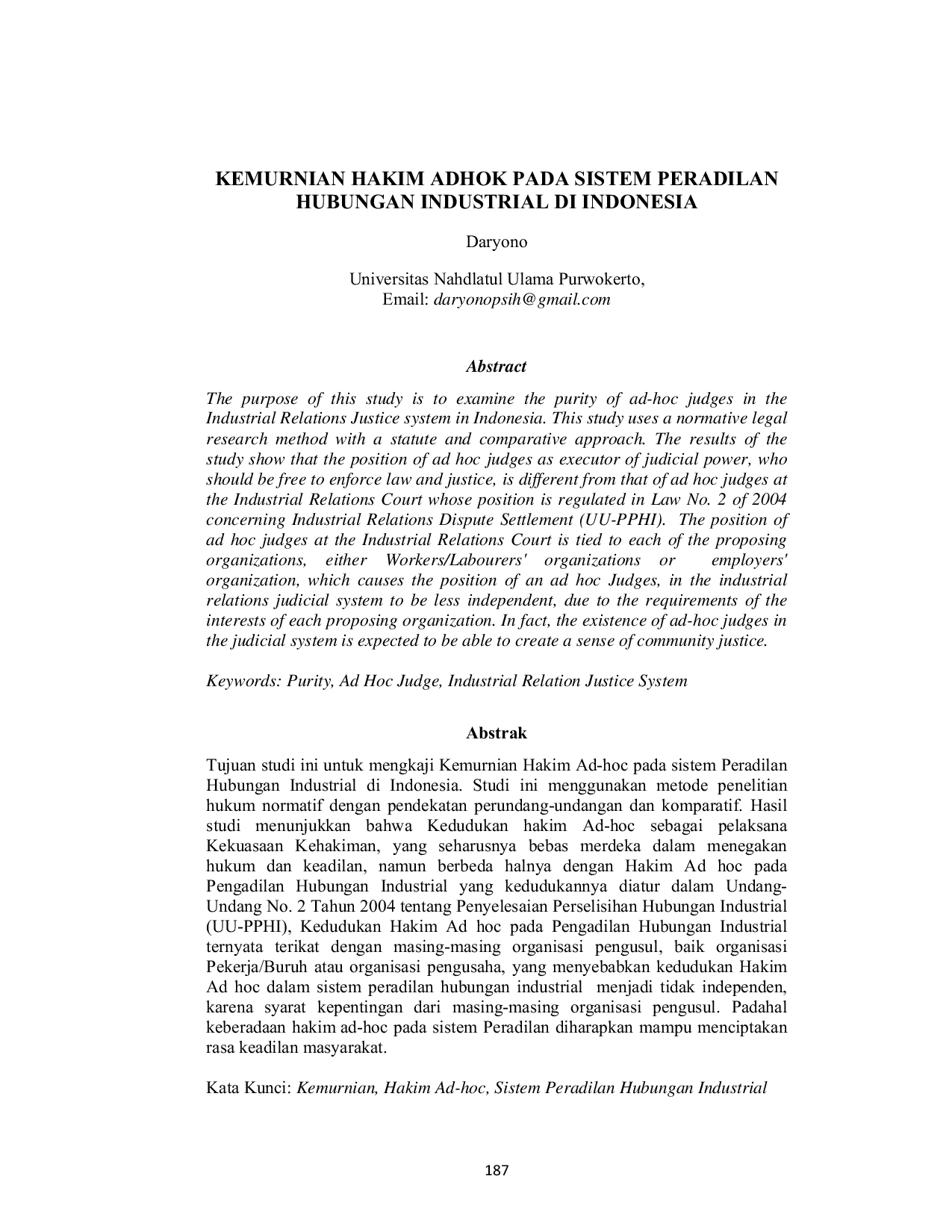 JURIS Kemurnian Hakim Adhok Pada Sistem Peradilan Hubungan Industrial Di Indonesia