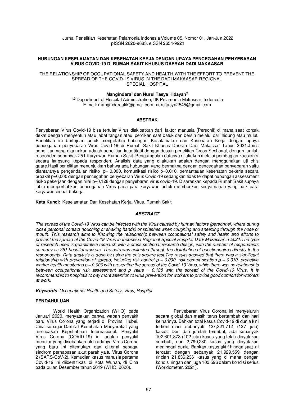 JURIS Hubungan Keselamatan Dan Kesehatan Kerja Dengan Upaya Pencegahan Penyebaran Virus Covid 19 Di Rumah Sakit Khusus Daerah Dadi Makassar