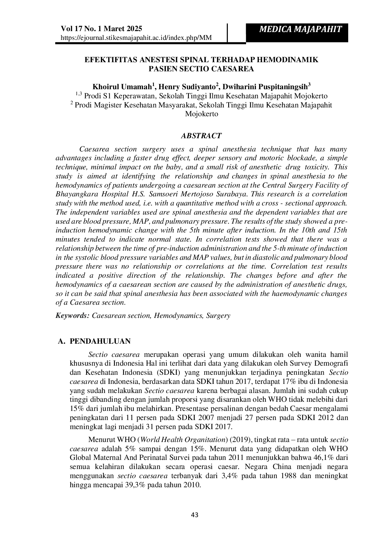 JURIS Efektifitas Anestesi Spinal Terhadap Hemodinamik Pasien Sectio Caesarea