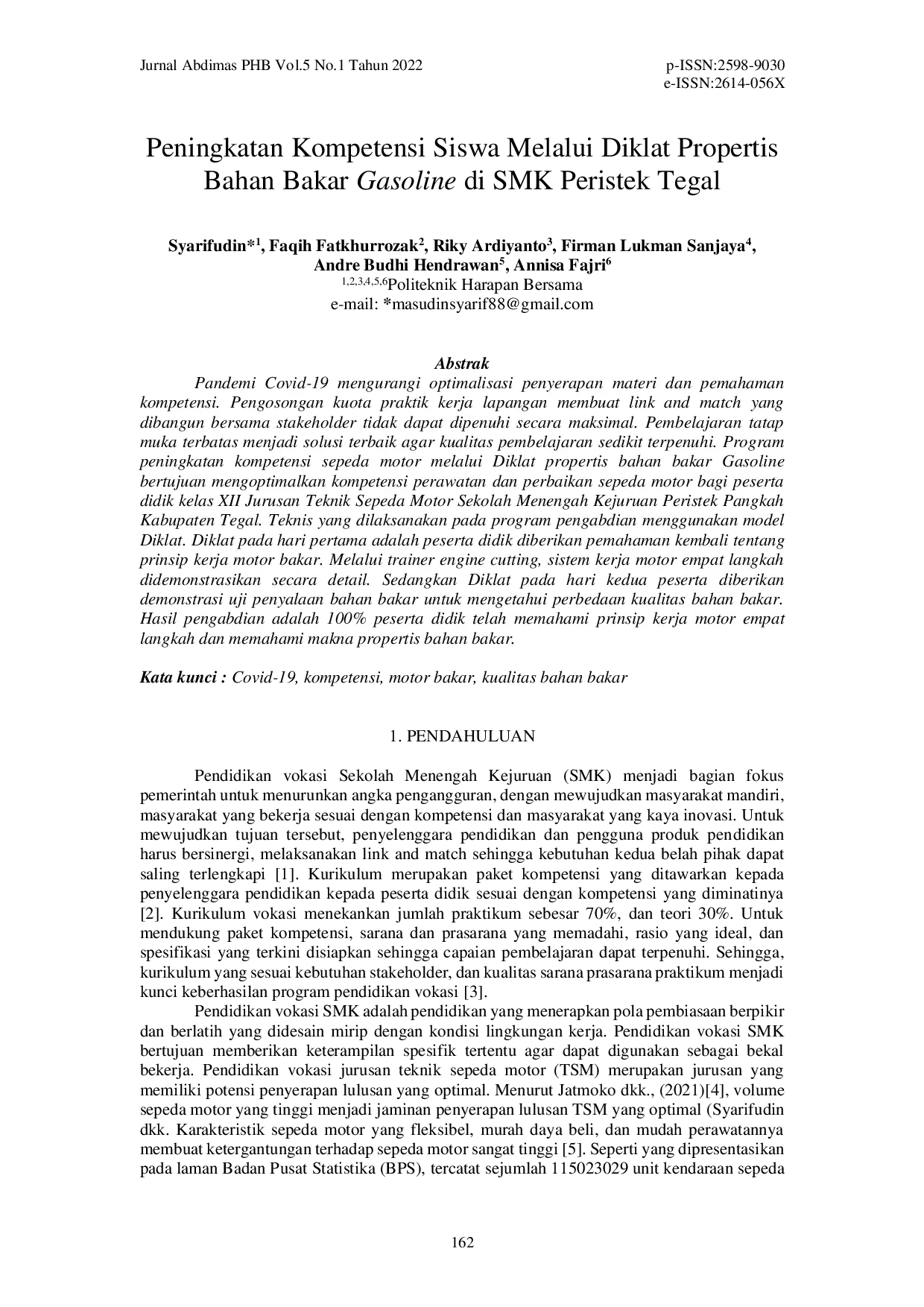 juris Peningkatan Kompetensi Siswa Melalui Diklat Propertis Bahan Bakar Gasoline di SMK Peristek Tegal