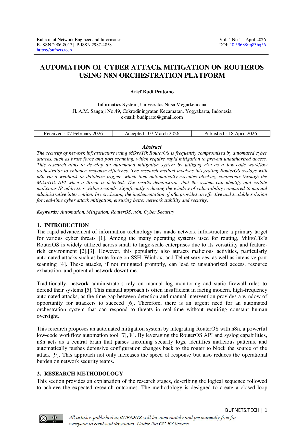 JURIS Automation of Cyber Attack Mitigation on RouterOS Using n8n Orchestration Platform