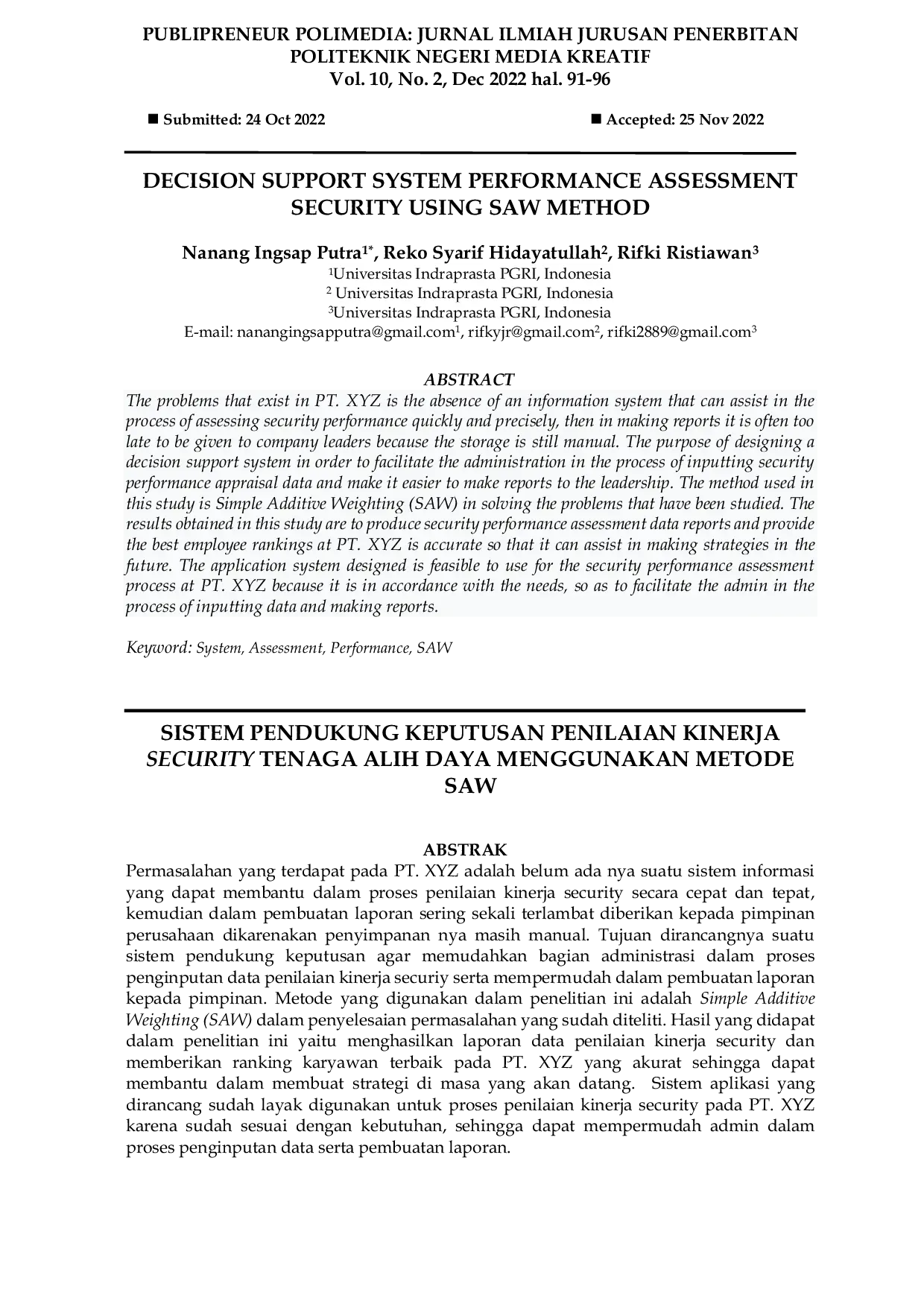 JURIS Decision Support System Performance Assessment Security Using Saw Method